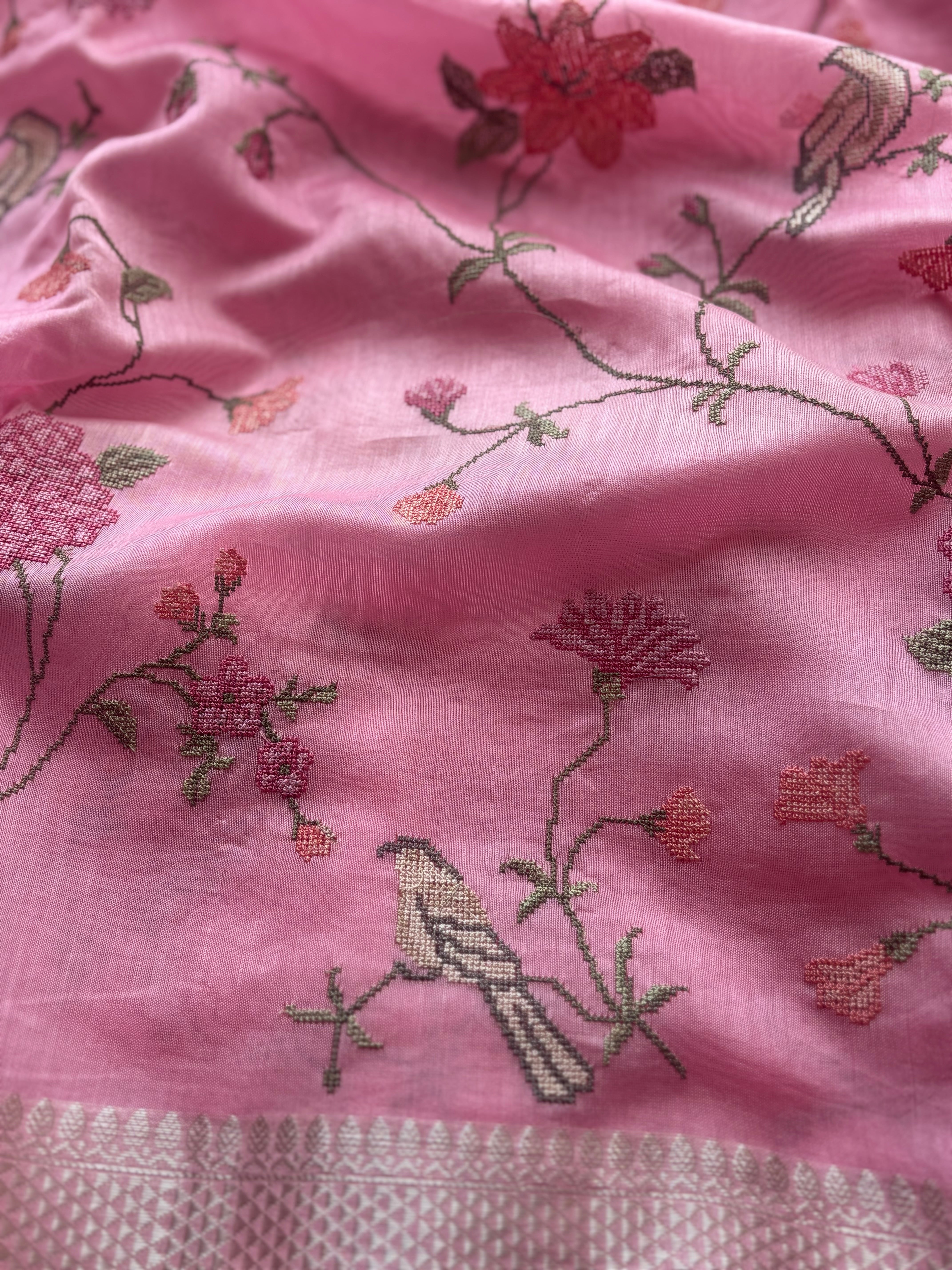 Baby pink floral embroidered chanderi saree