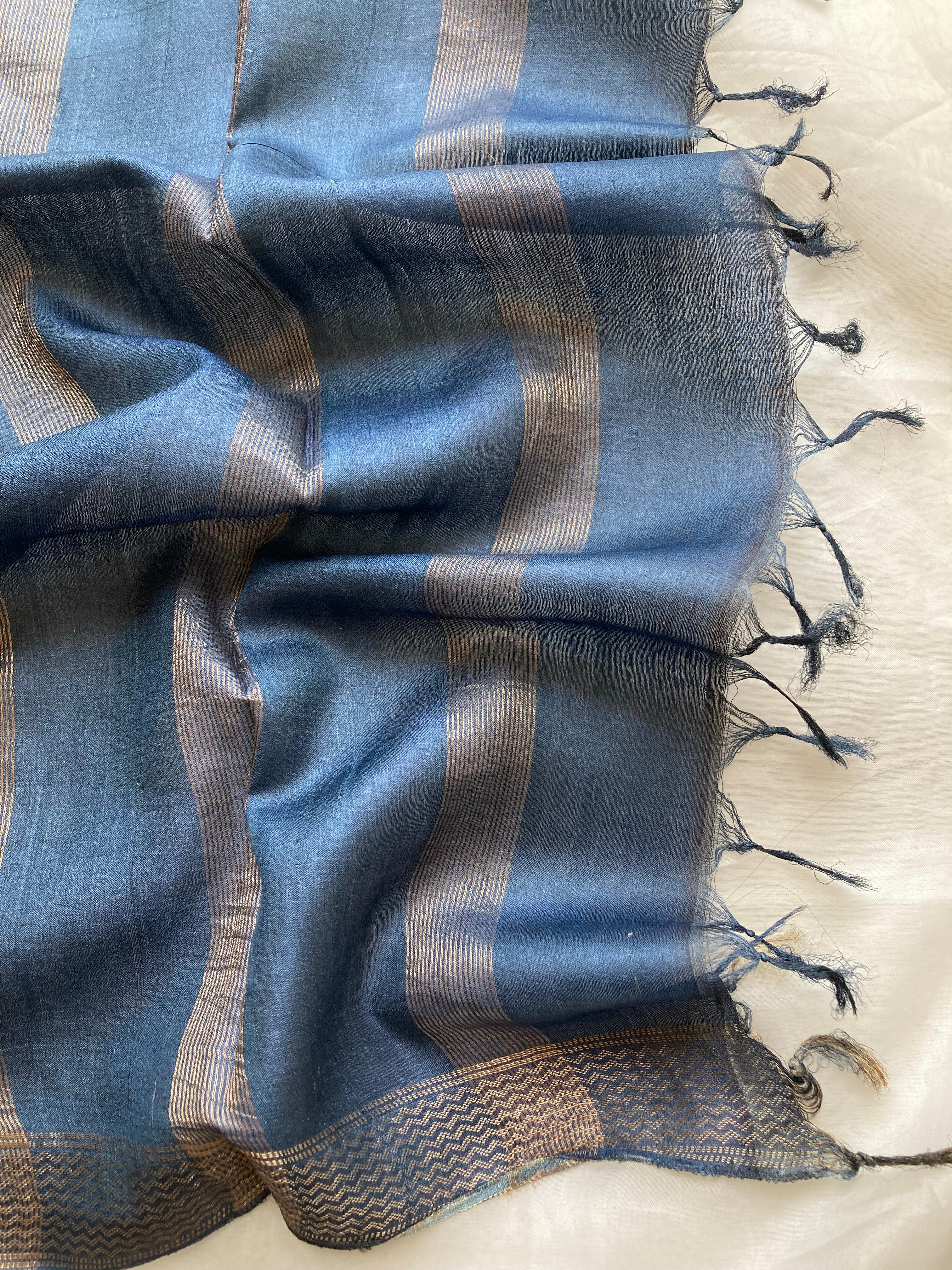 Navy blue floral Tussar saree