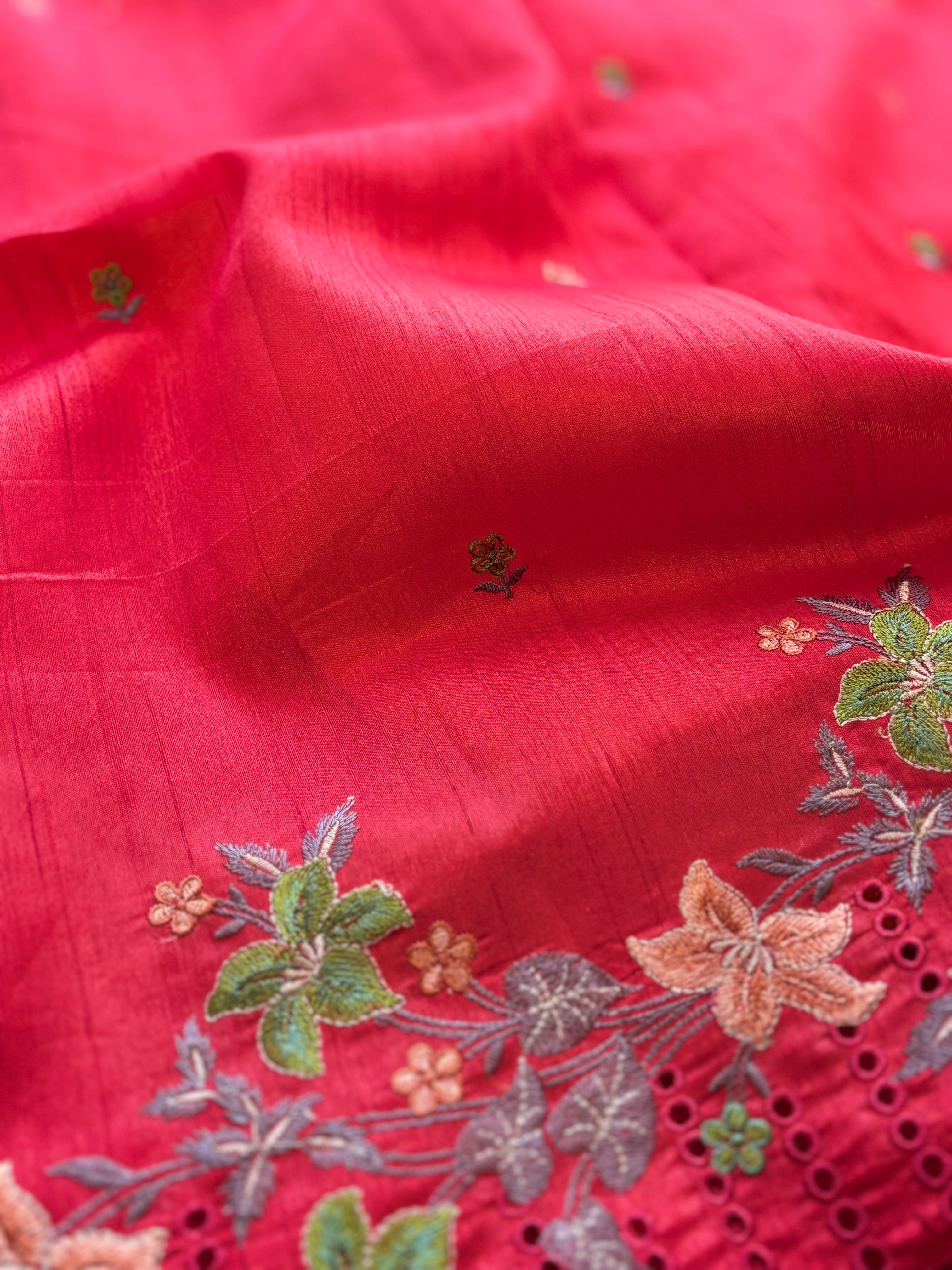 Red Floral semi tussar saree