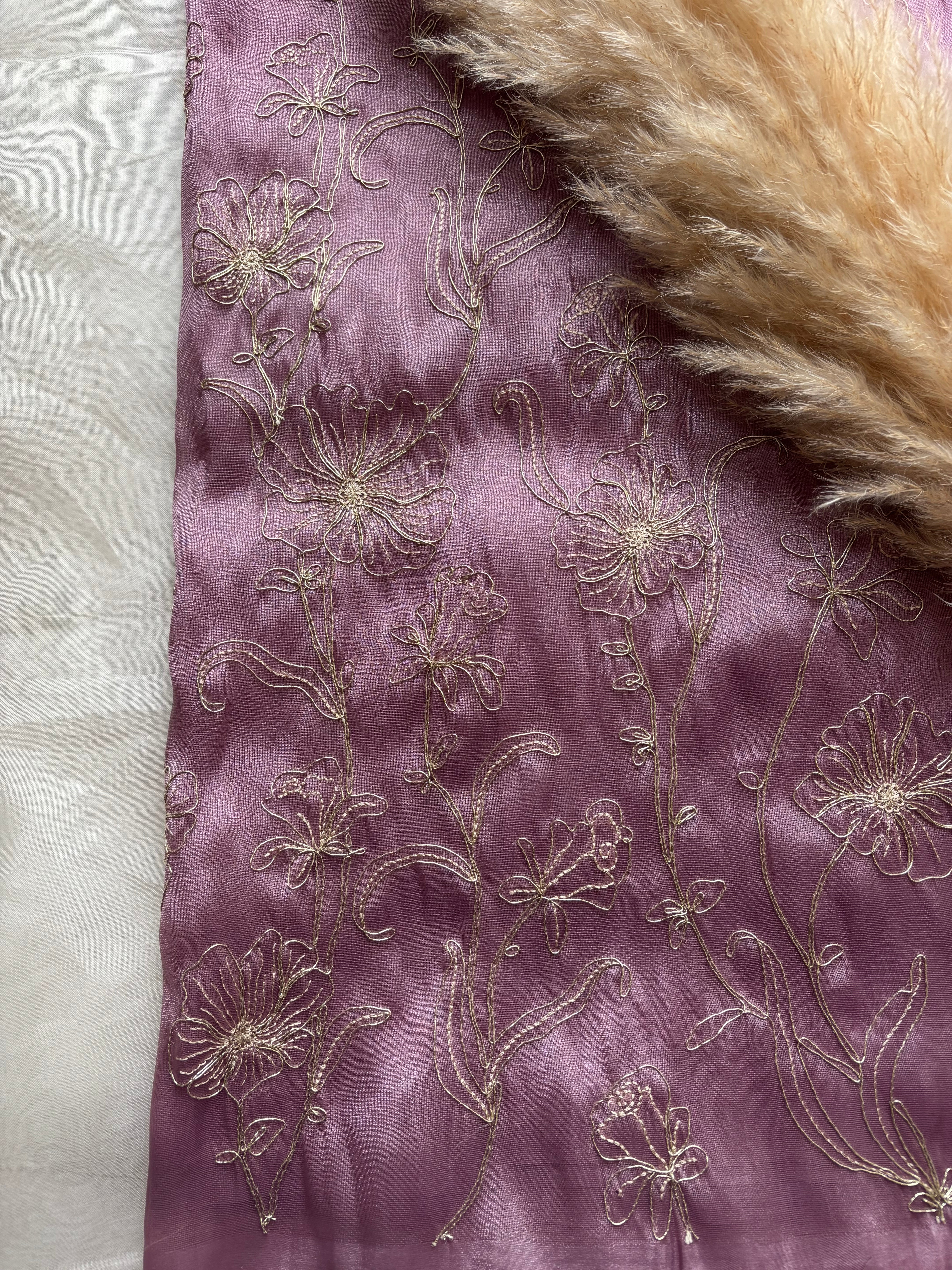 Floral purple-pink shimmer organza saree