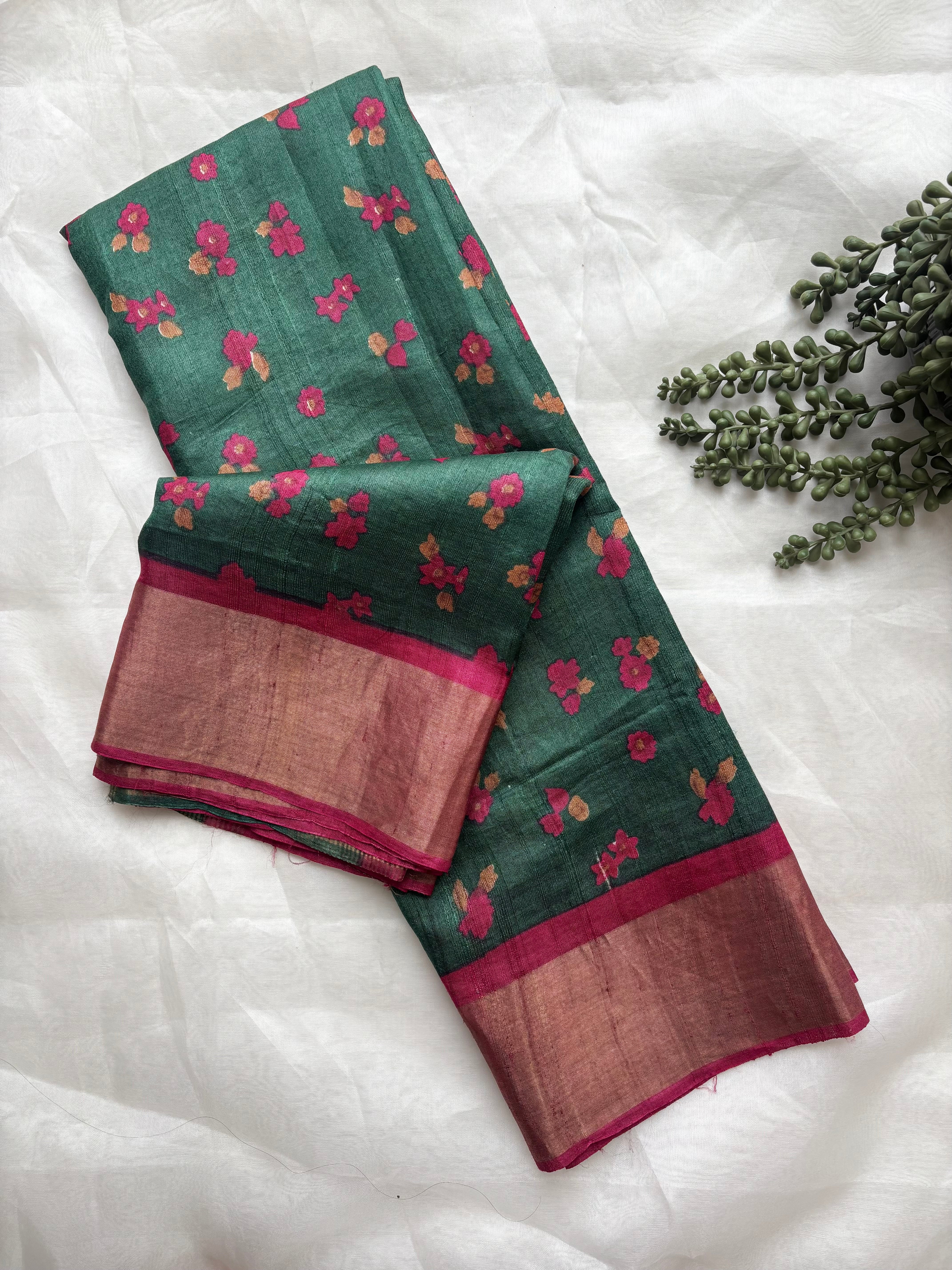 Dark Green floral tussar saree