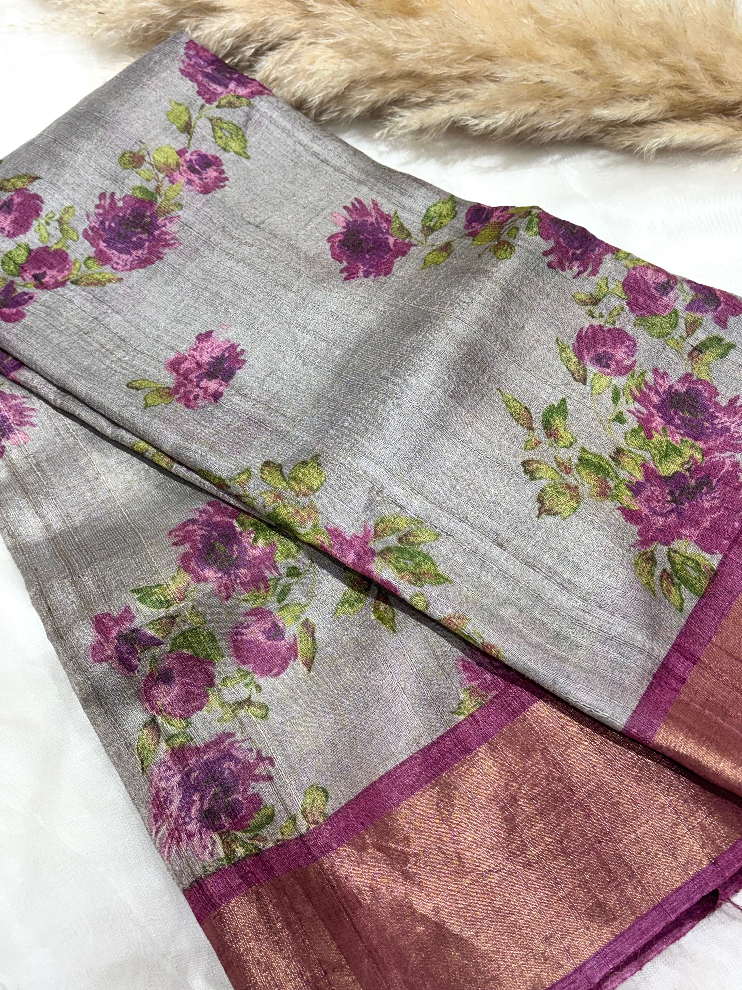 Grey floral Tussar saree