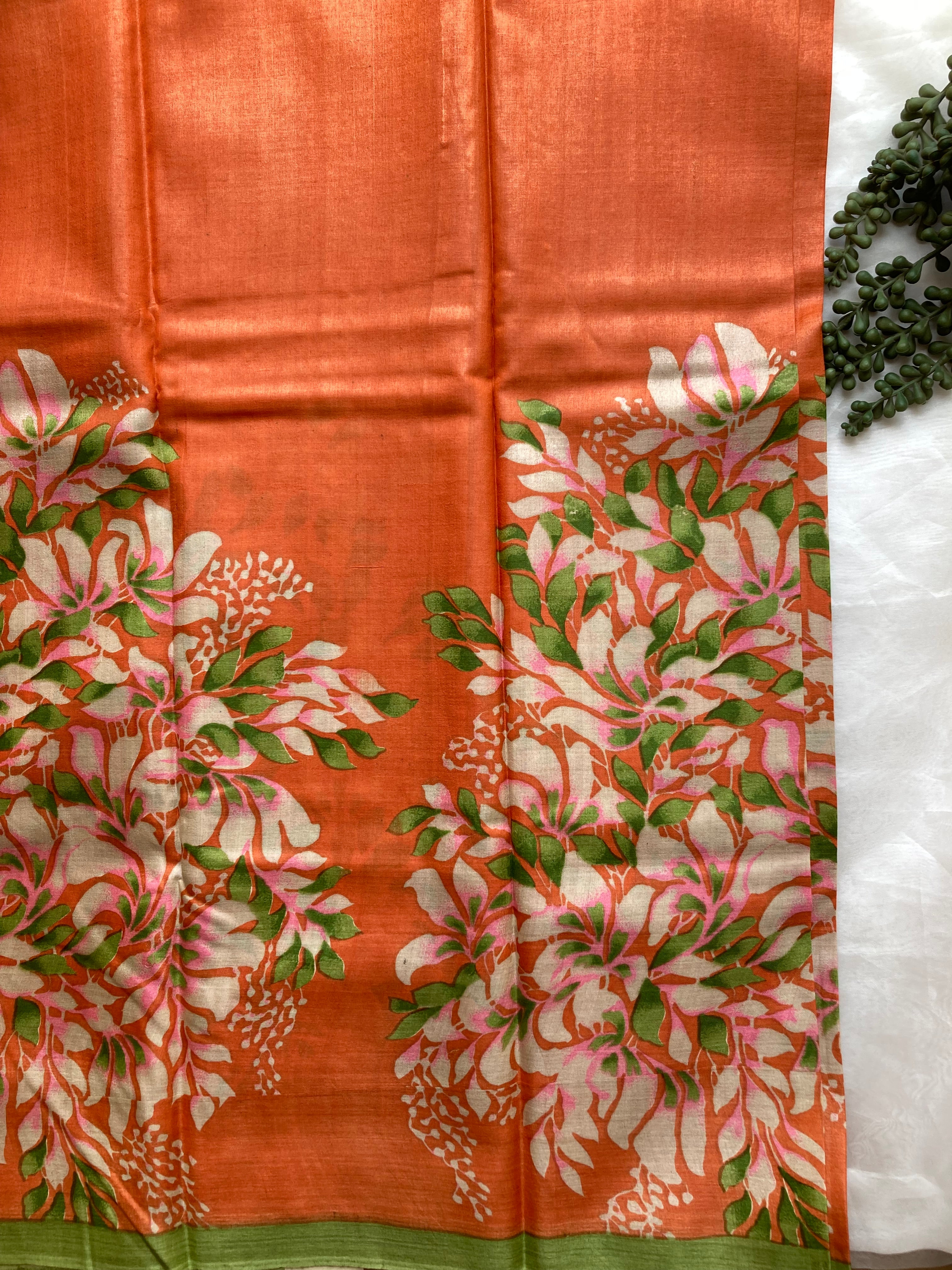 Orange & green floral Tussar saree
