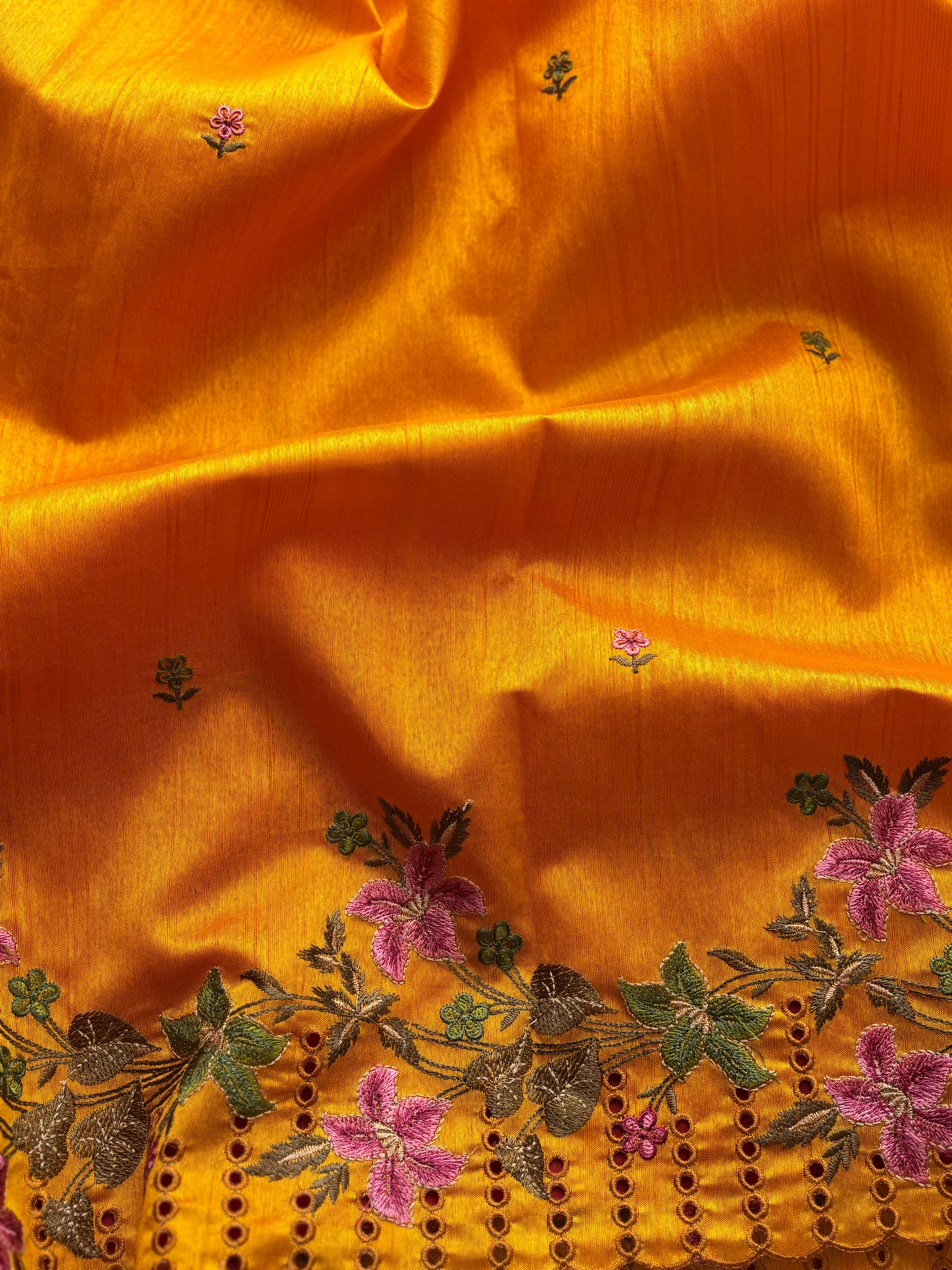Yellow floral semi tussar saree