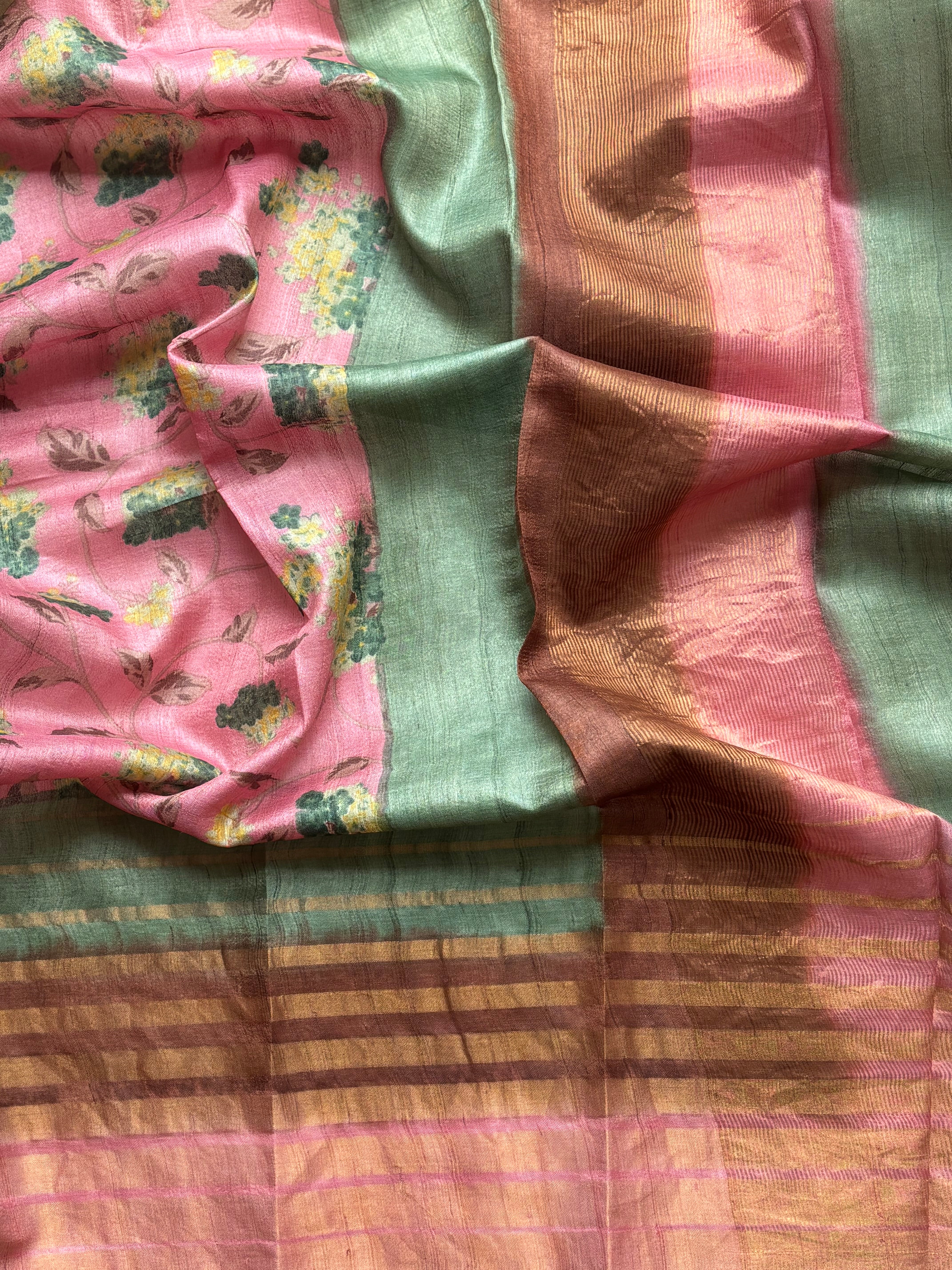 Soft Pink and green floral tussar saree