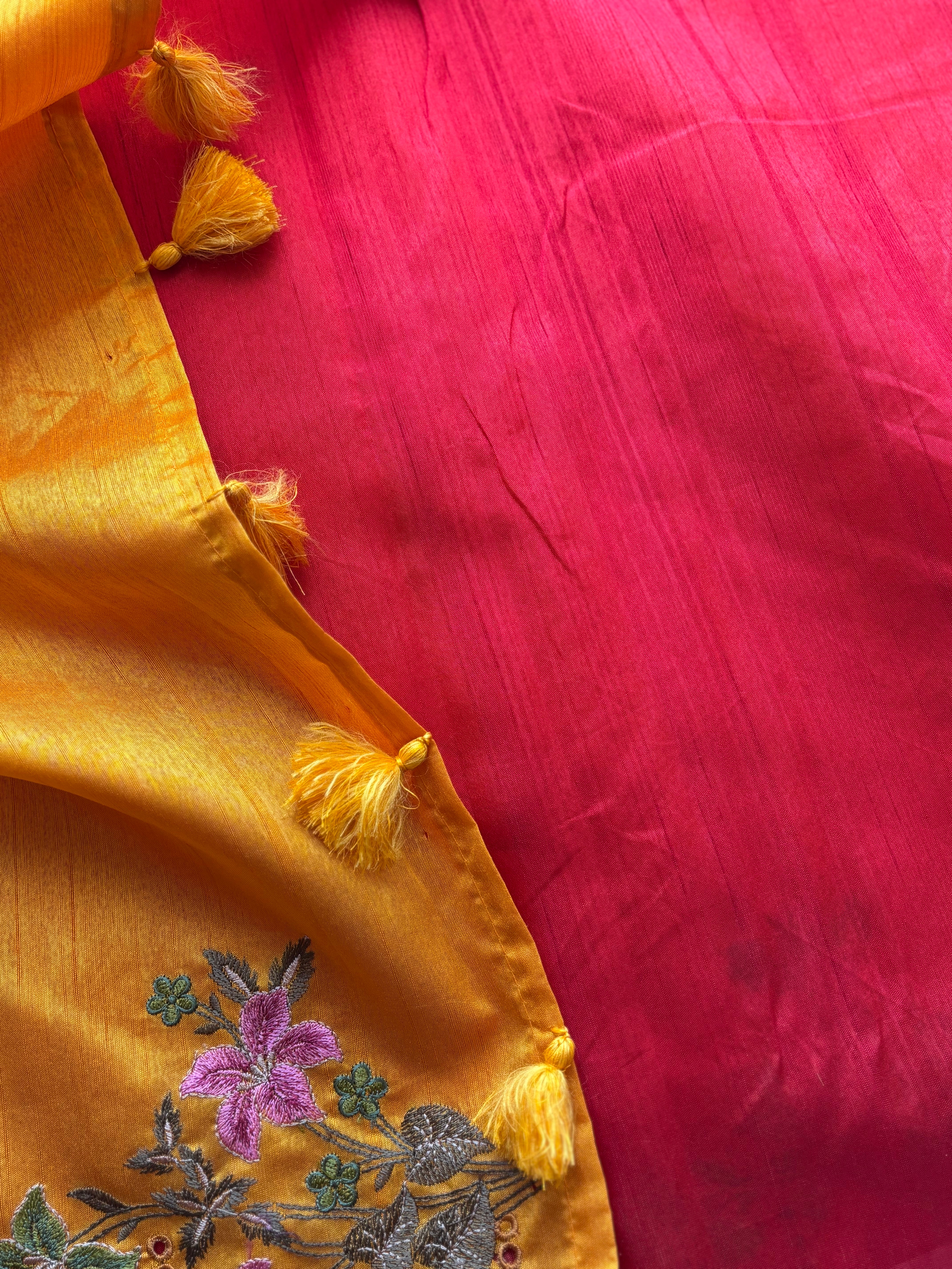 Yellow floral semi tussar saree