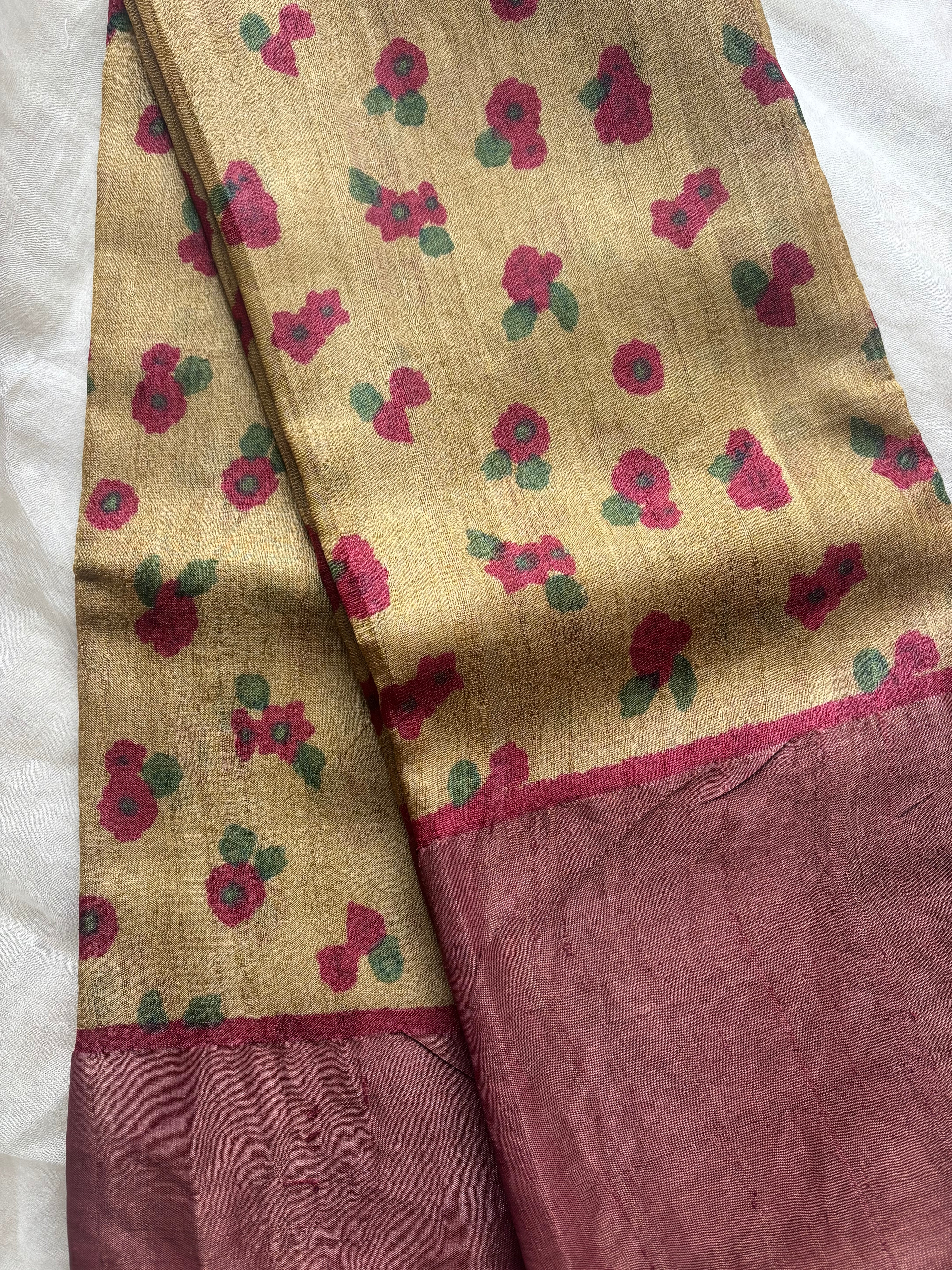 Mustard with maroon floral tussar saree