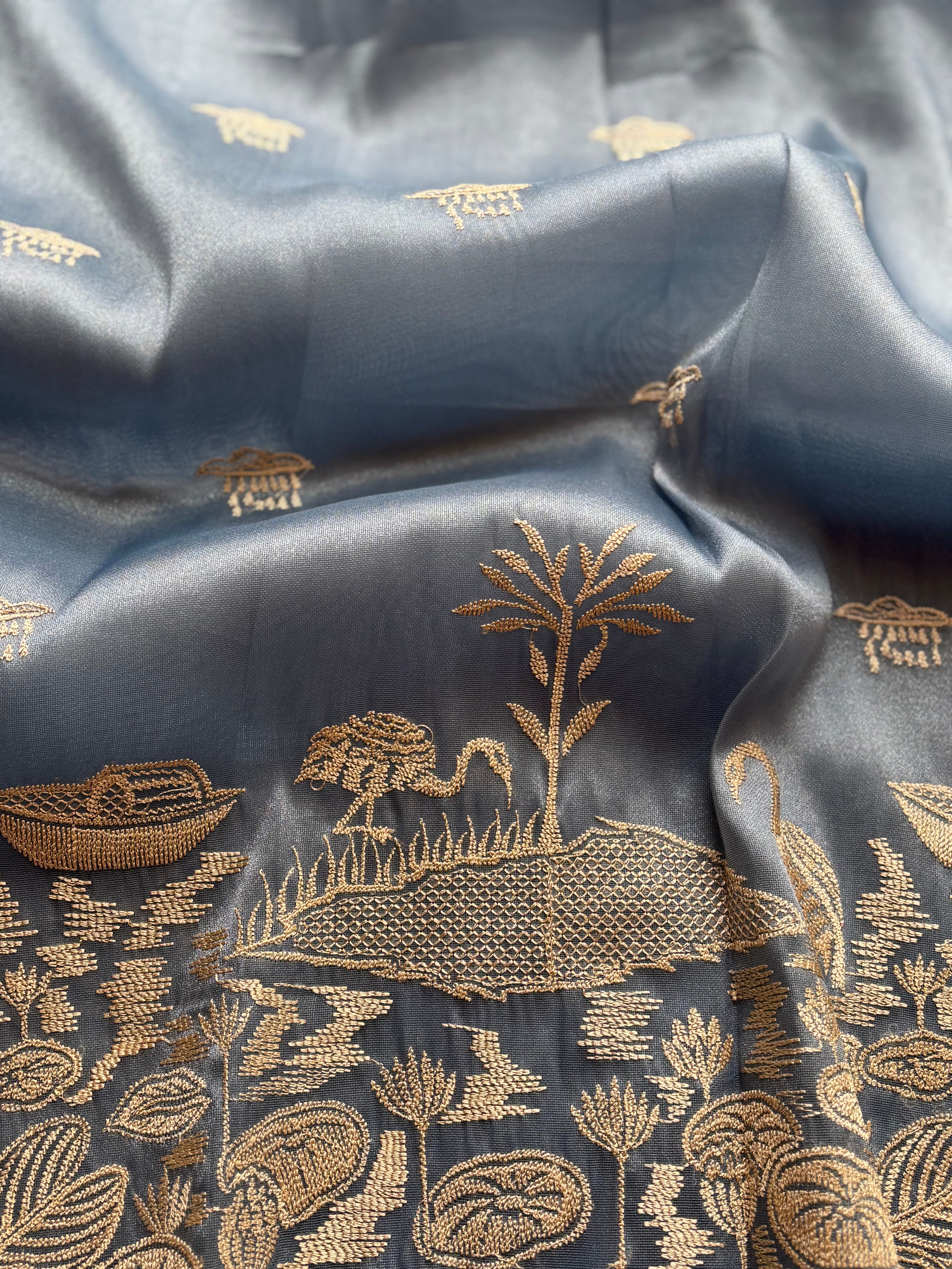 Steel blue semi tissue saree