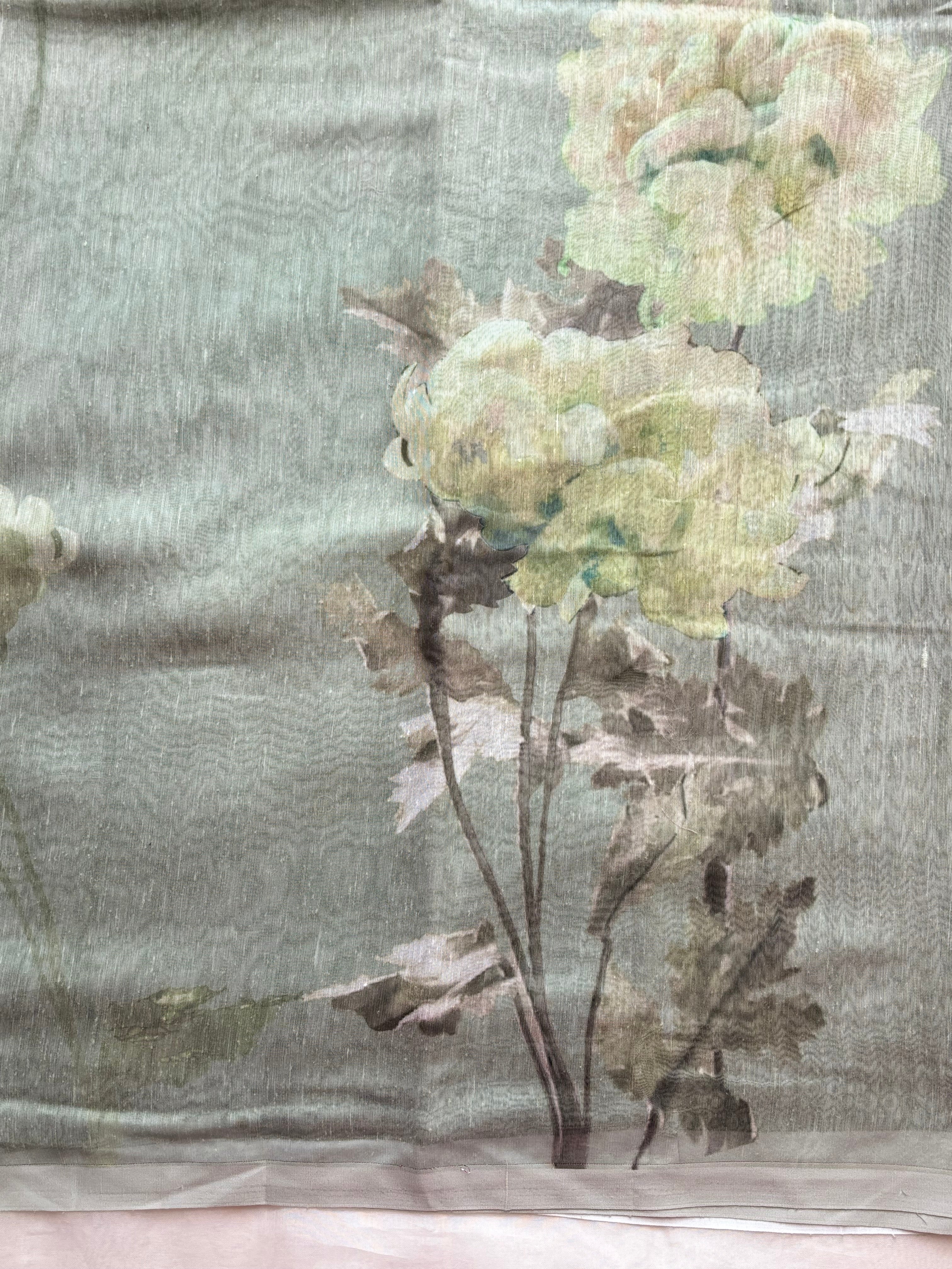 Light green floral Linen saree