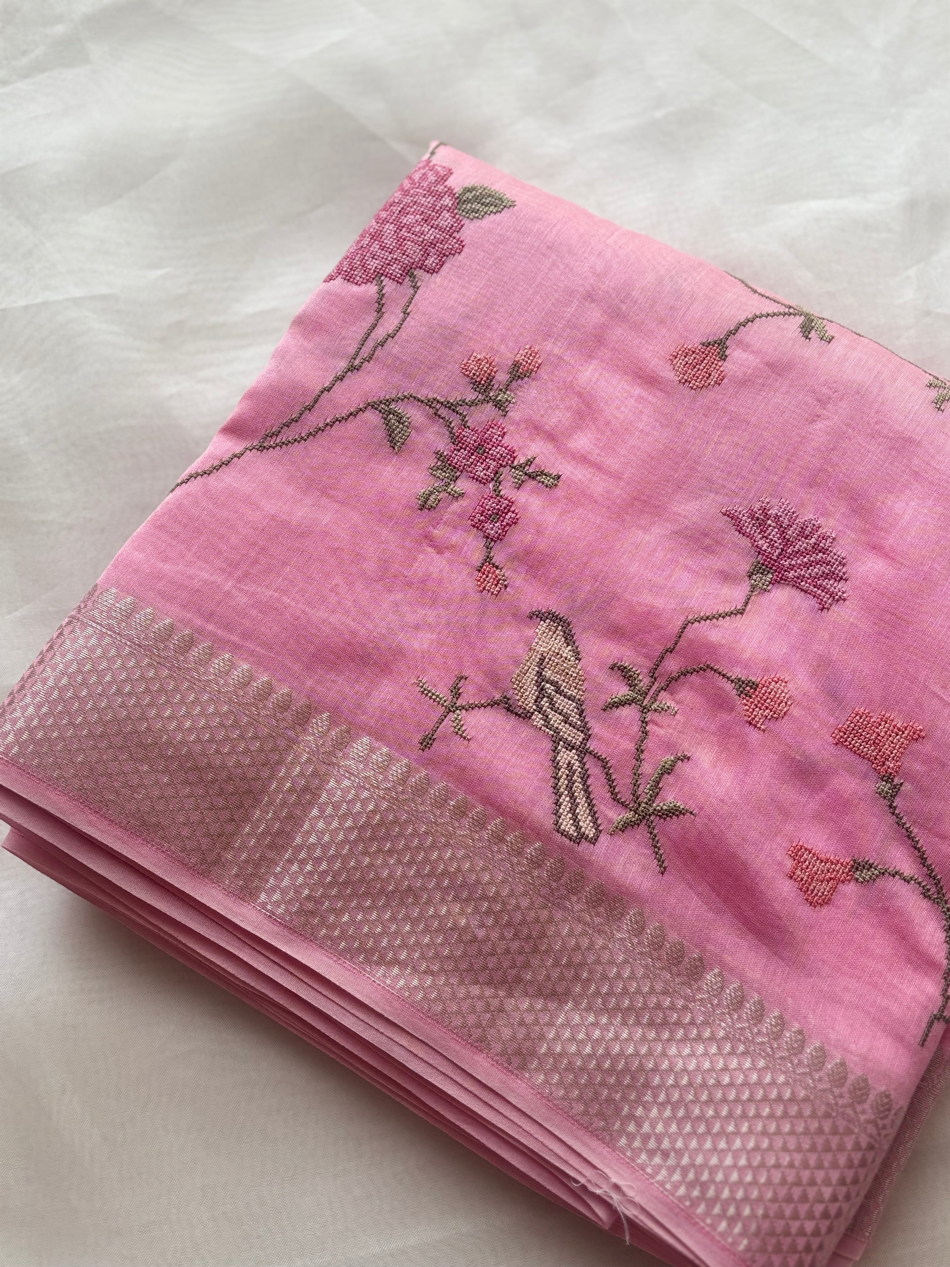 Baby pink floral embroidered chanderi saree