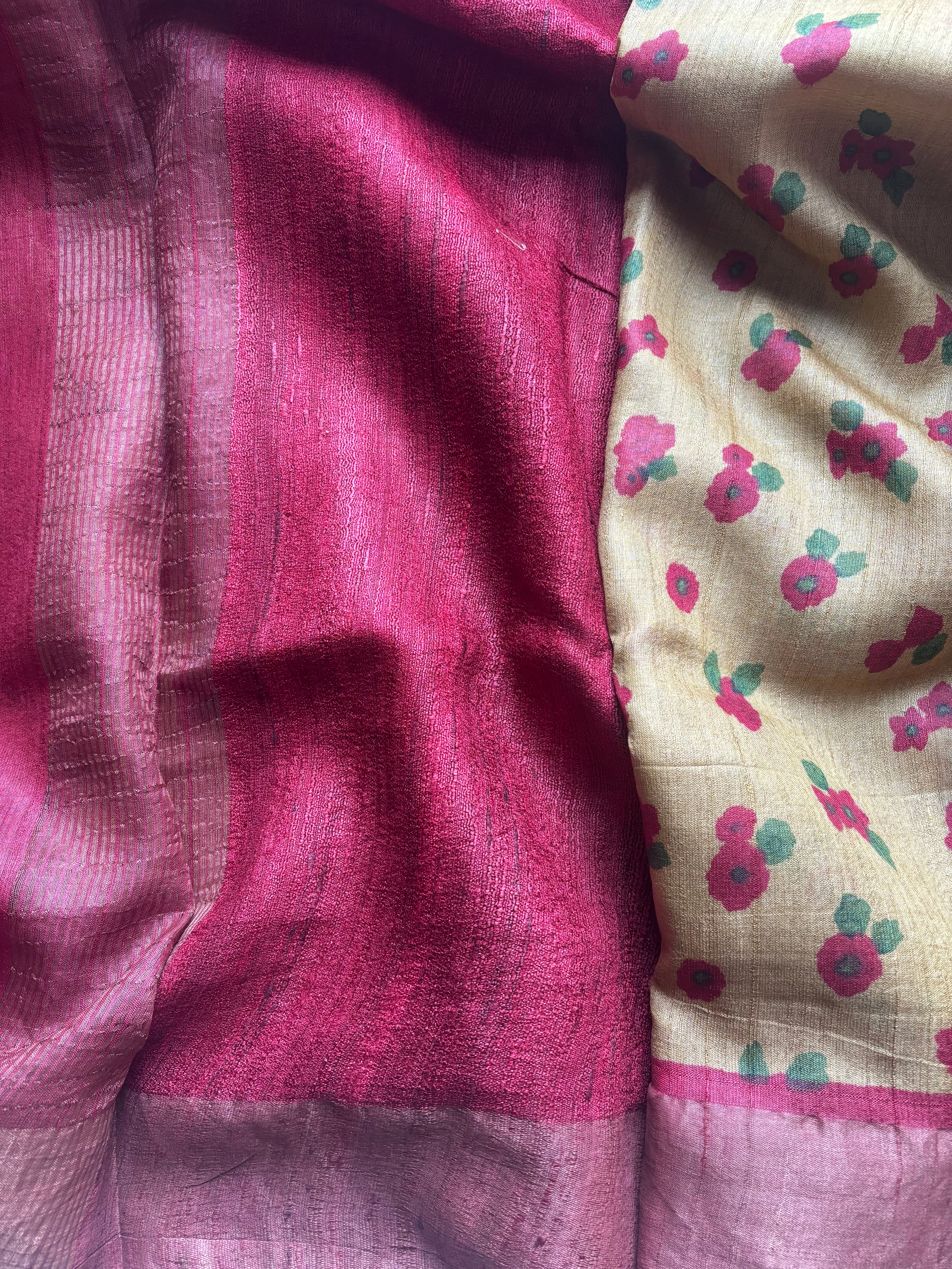 Mustard with maroon floral tussar saree