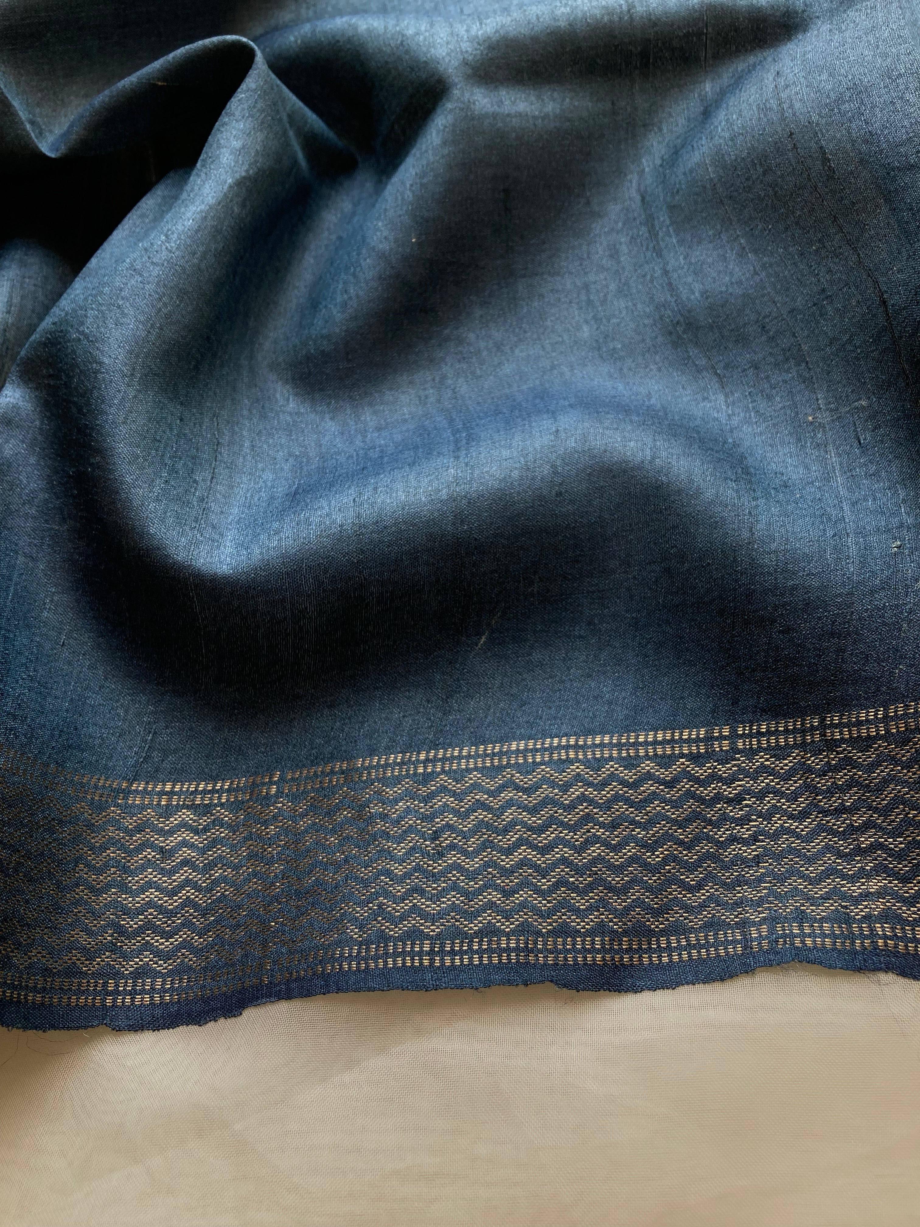 Navy blue floral Tussar saree