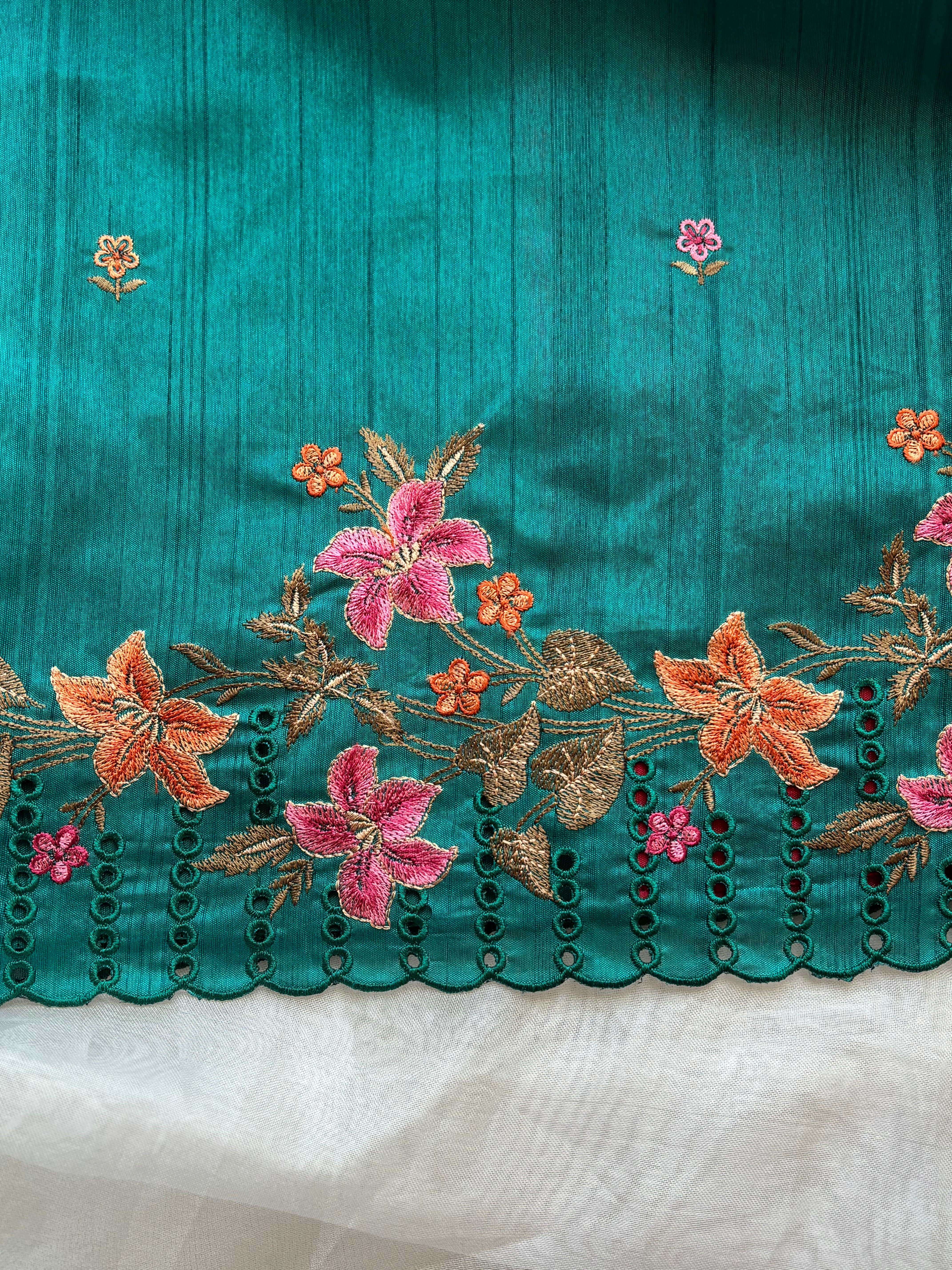 Teal blue floral semi tussar saree