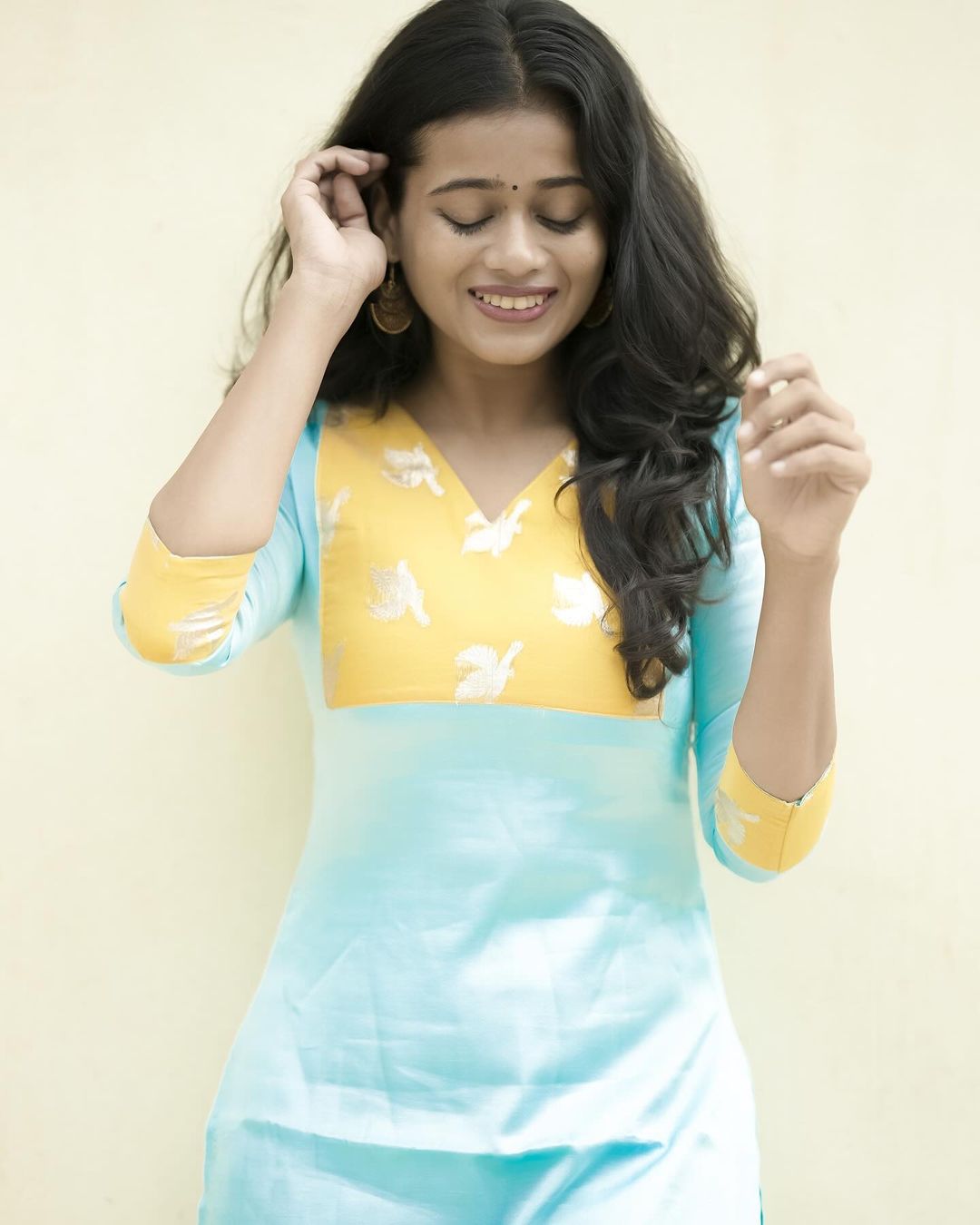 Blue Kurtha with yellow Organza Patch - Studio Thari