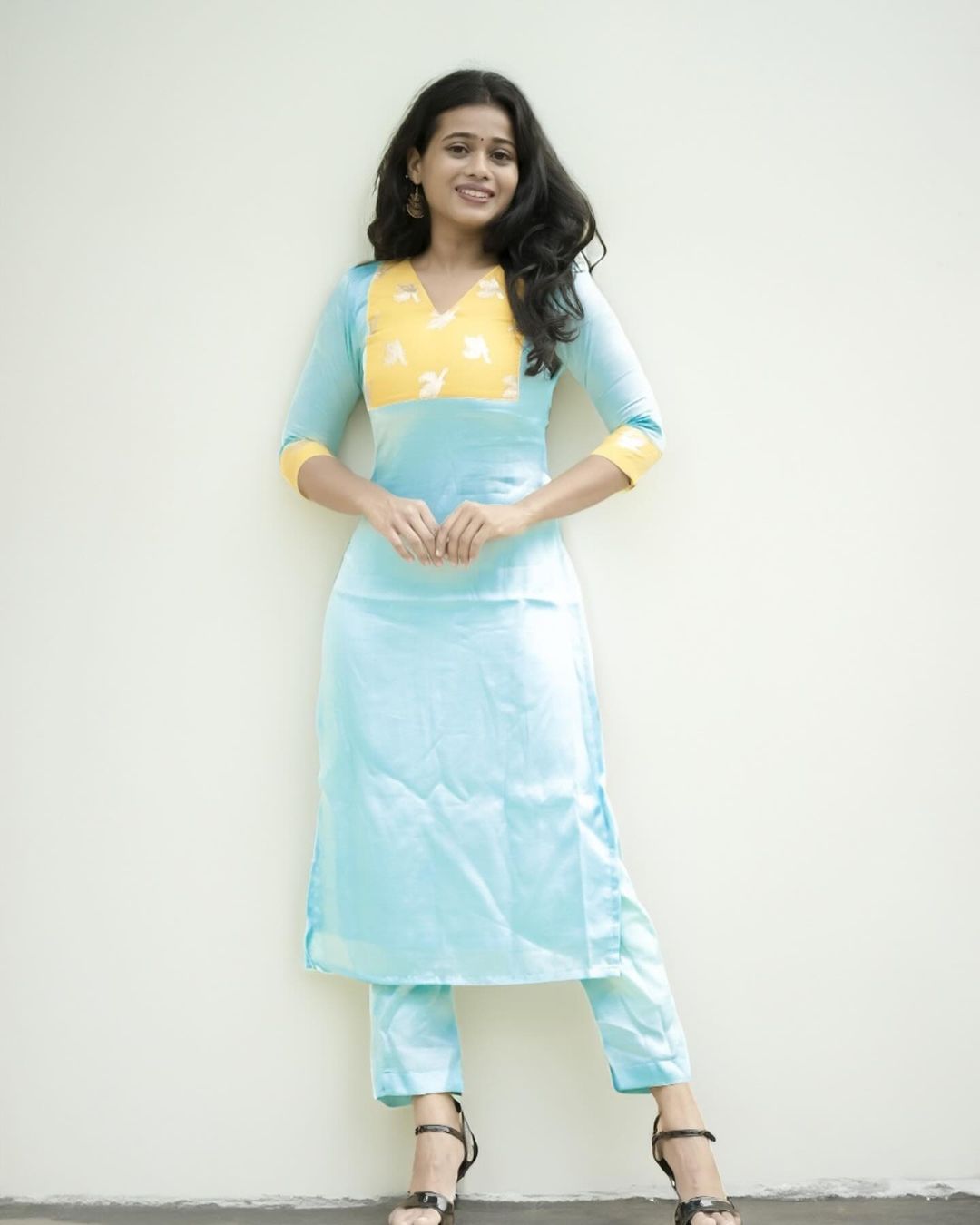 Blue Kurtha with yellow Organza Patch - Studio Thari