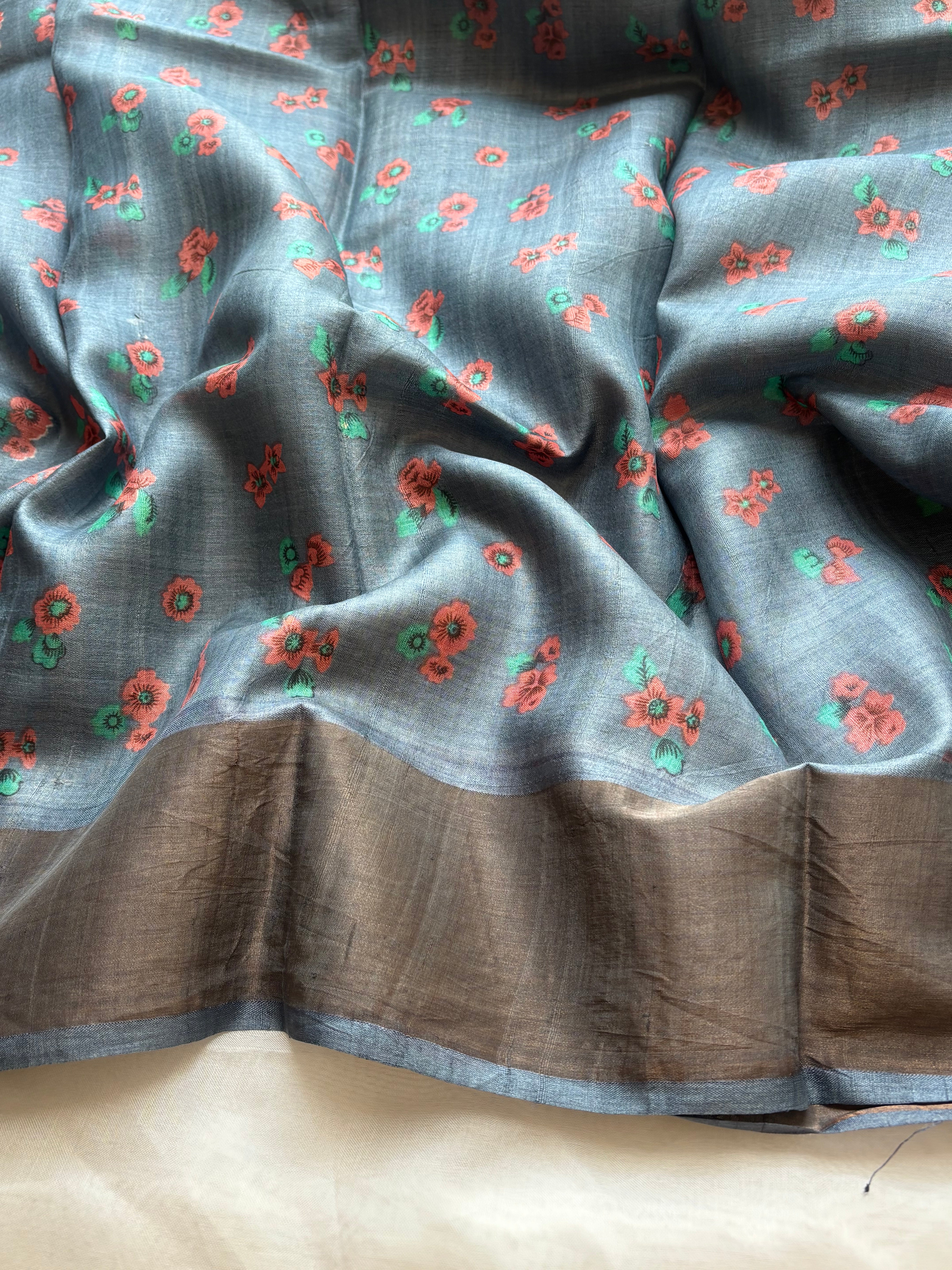 Smoky blue Tussar saree