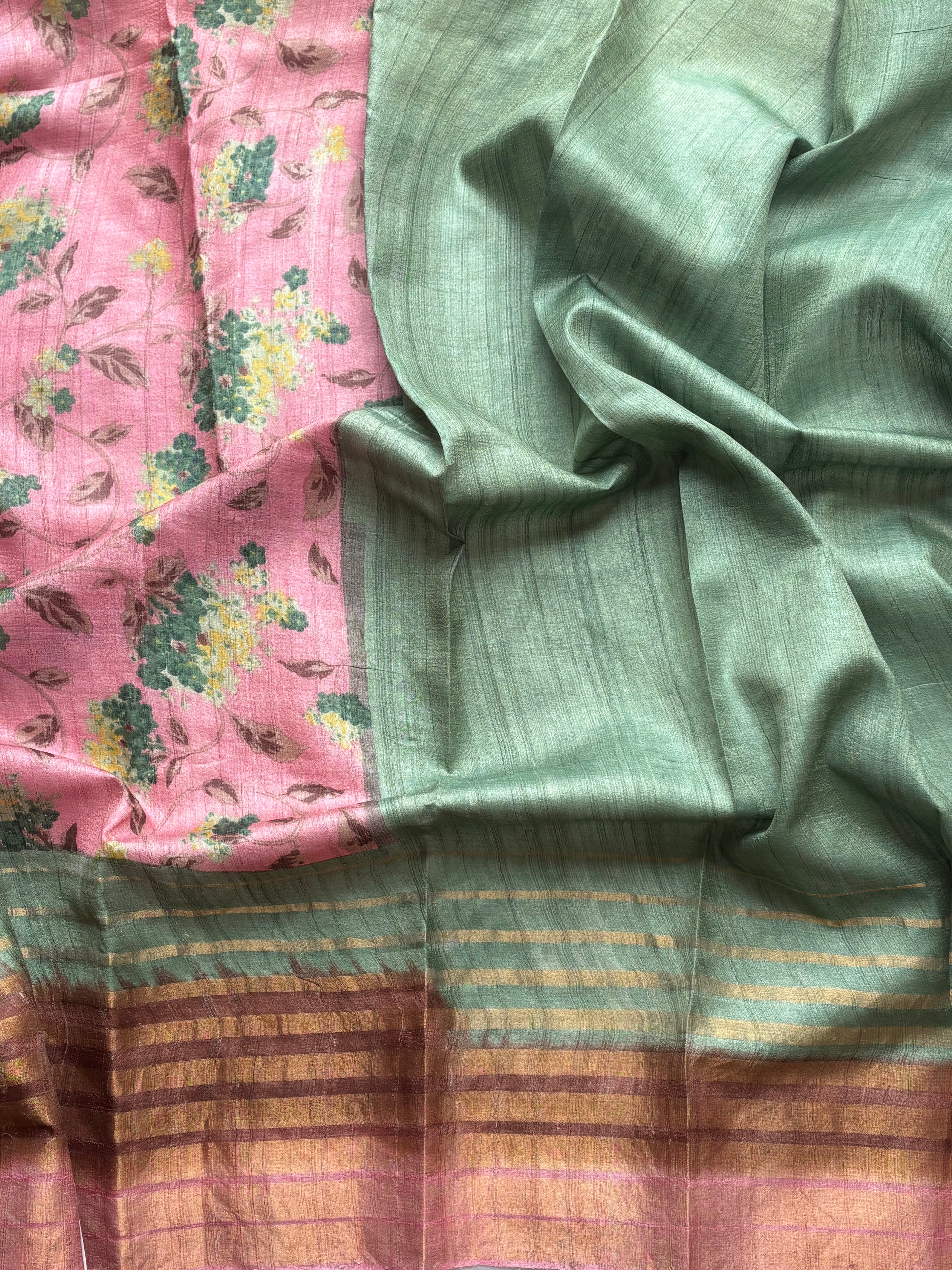 Soft Pink and green floral tussar saree
