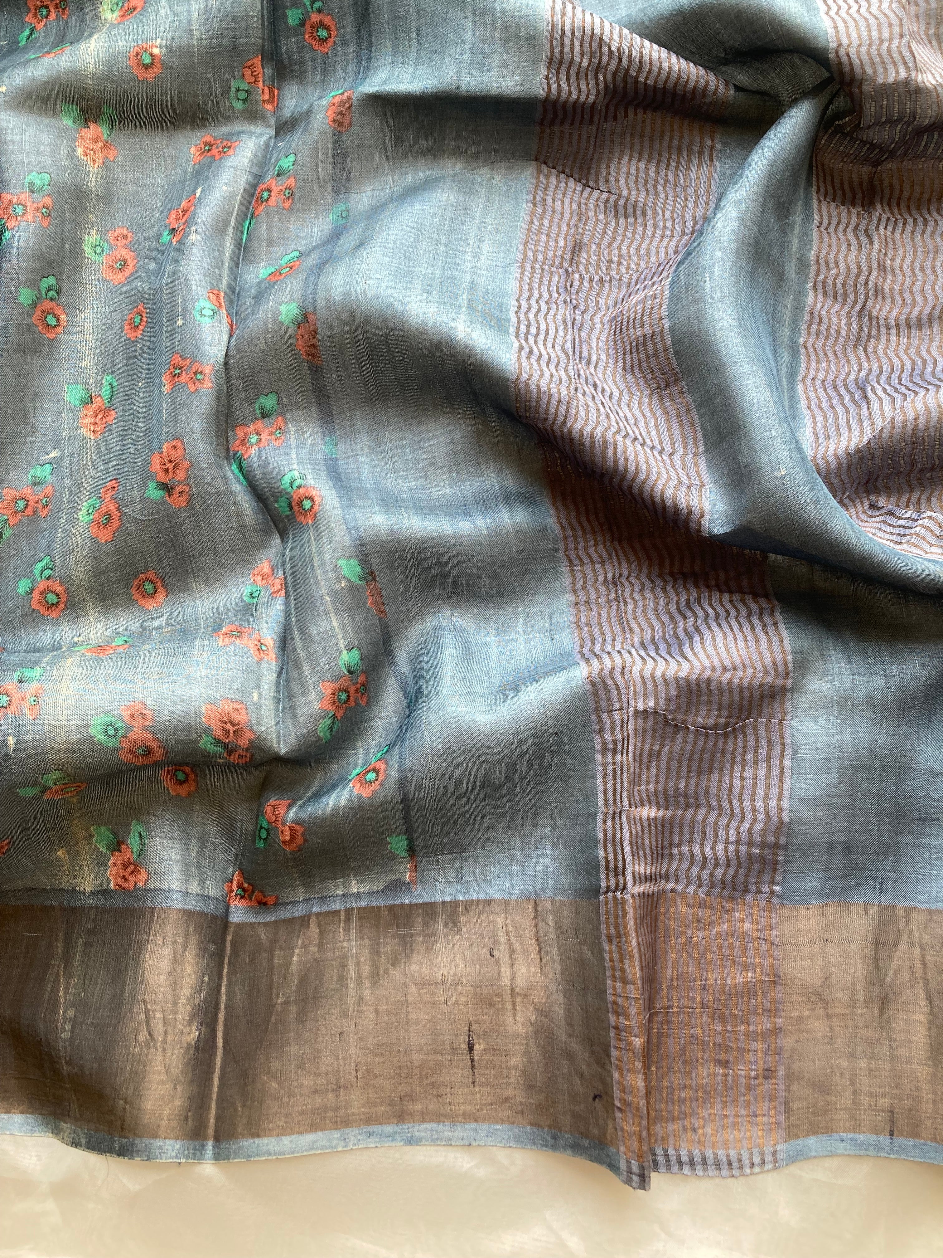 Smoky blue Tussar saree