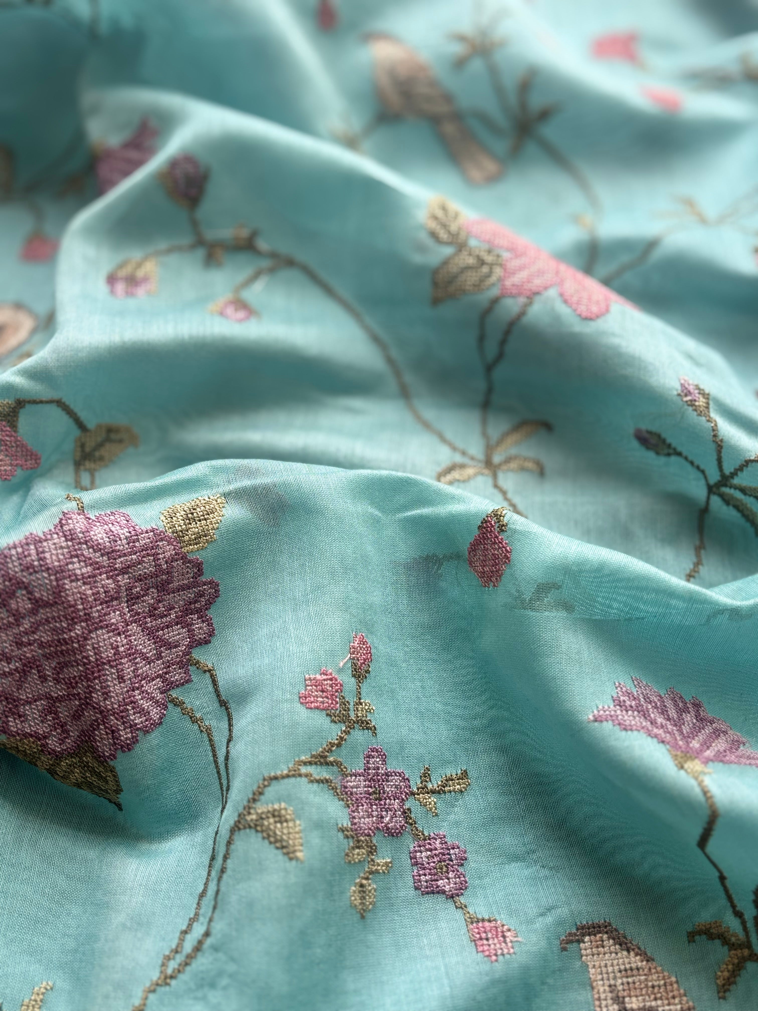 Light blue floral embroidered chanderi saree