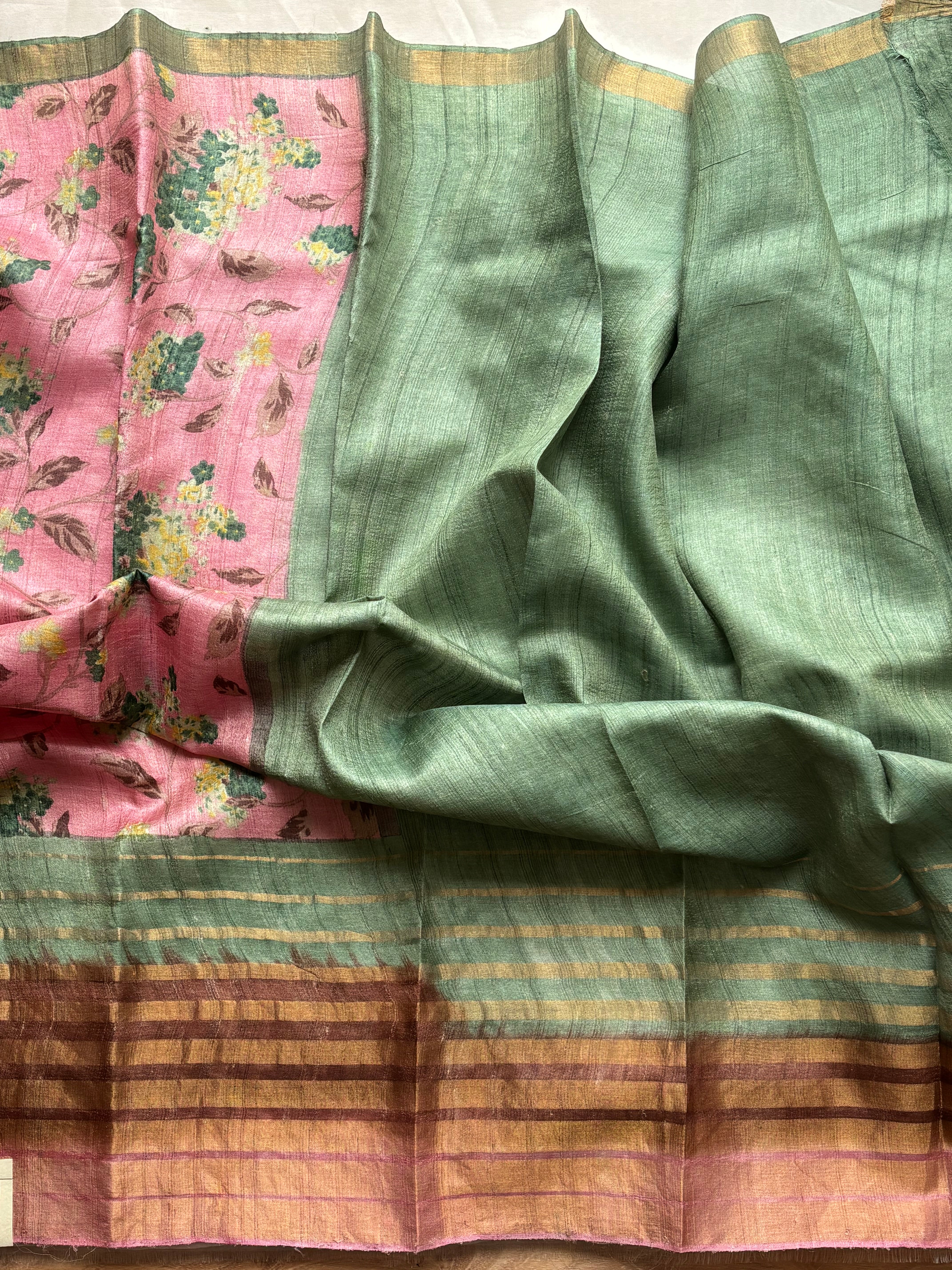 Soft Pink and green floral tussar saree