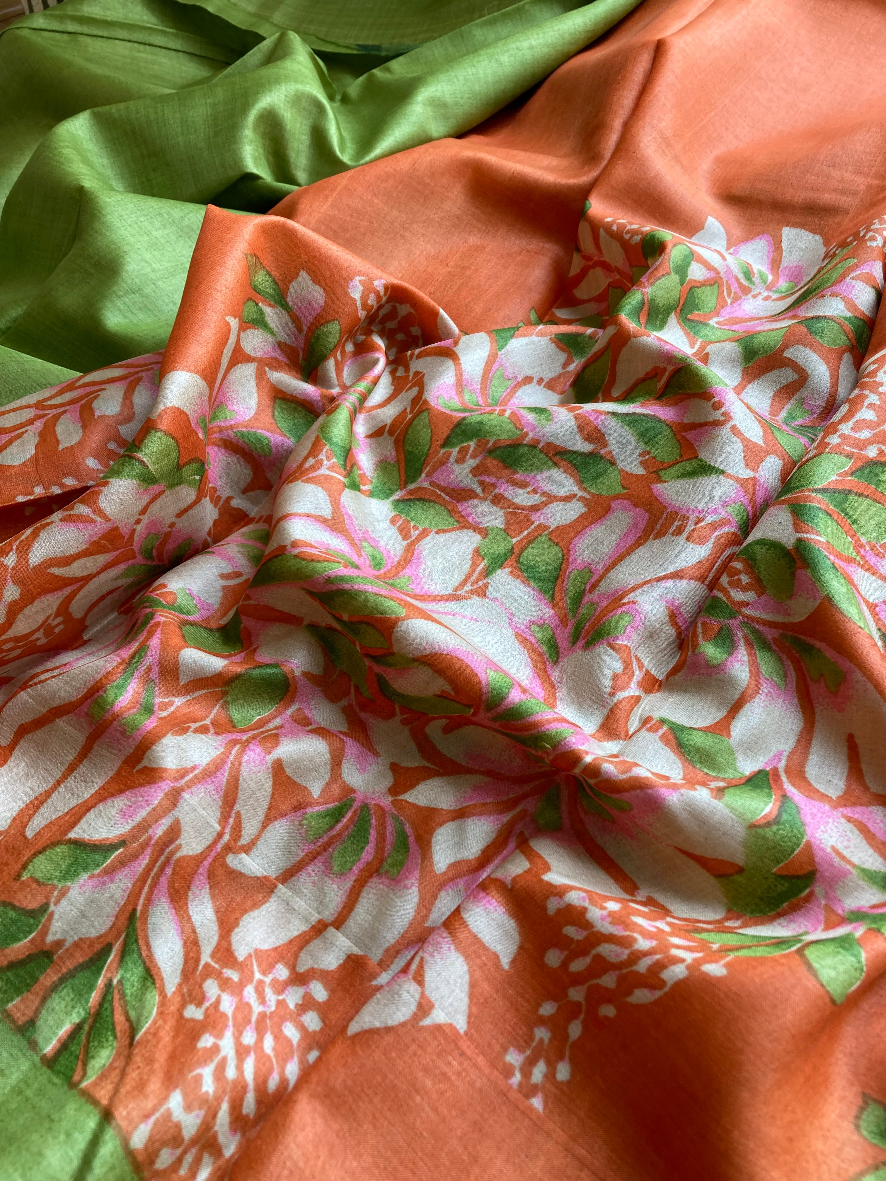 Orange & green floral Tussar saree