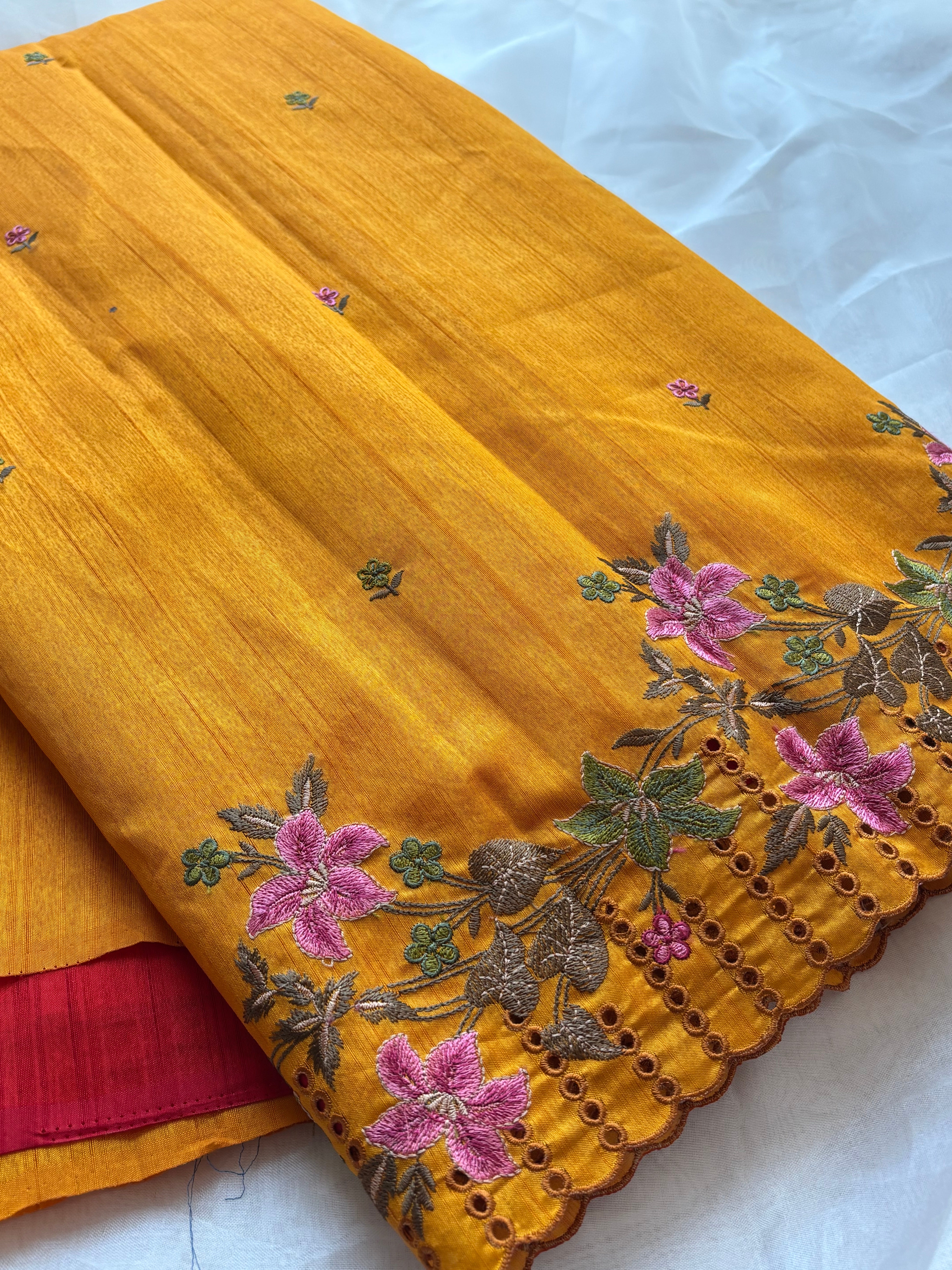 Yellow floral semi tussar saree