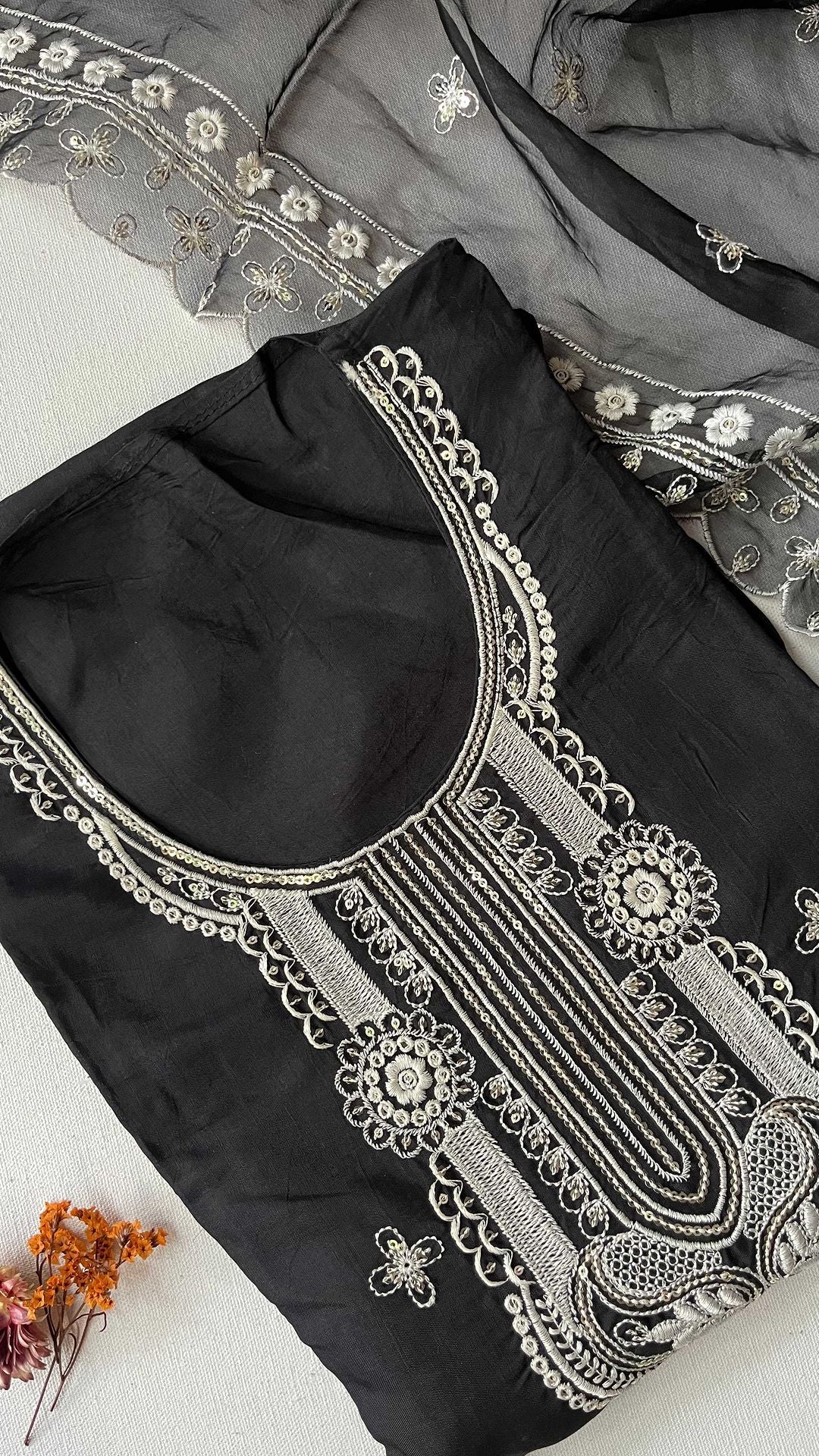 Black Muslin semi stitched suit with Cotton pant and Organza dupatta