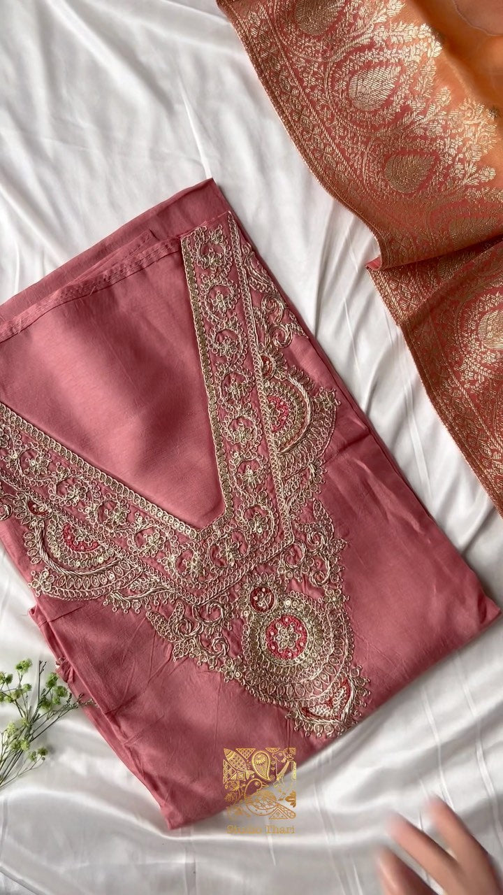 Muslin semi unstitched top with detailed V embroidered neckline