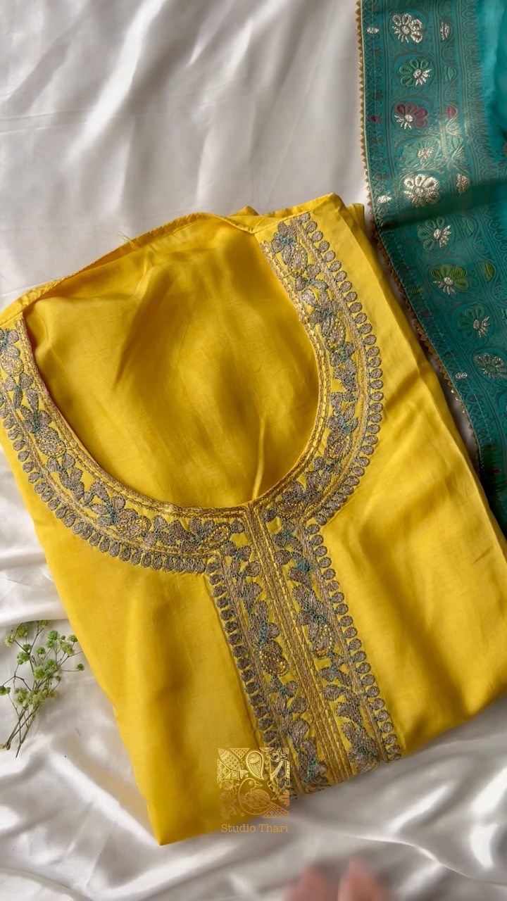 Uppada silk semi unstitched top with detailed embroidered neckline