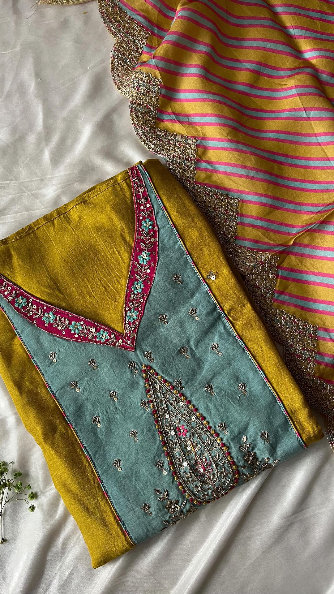 Muslin semi stitched top with detailed embroidered neckline - Studio Thari