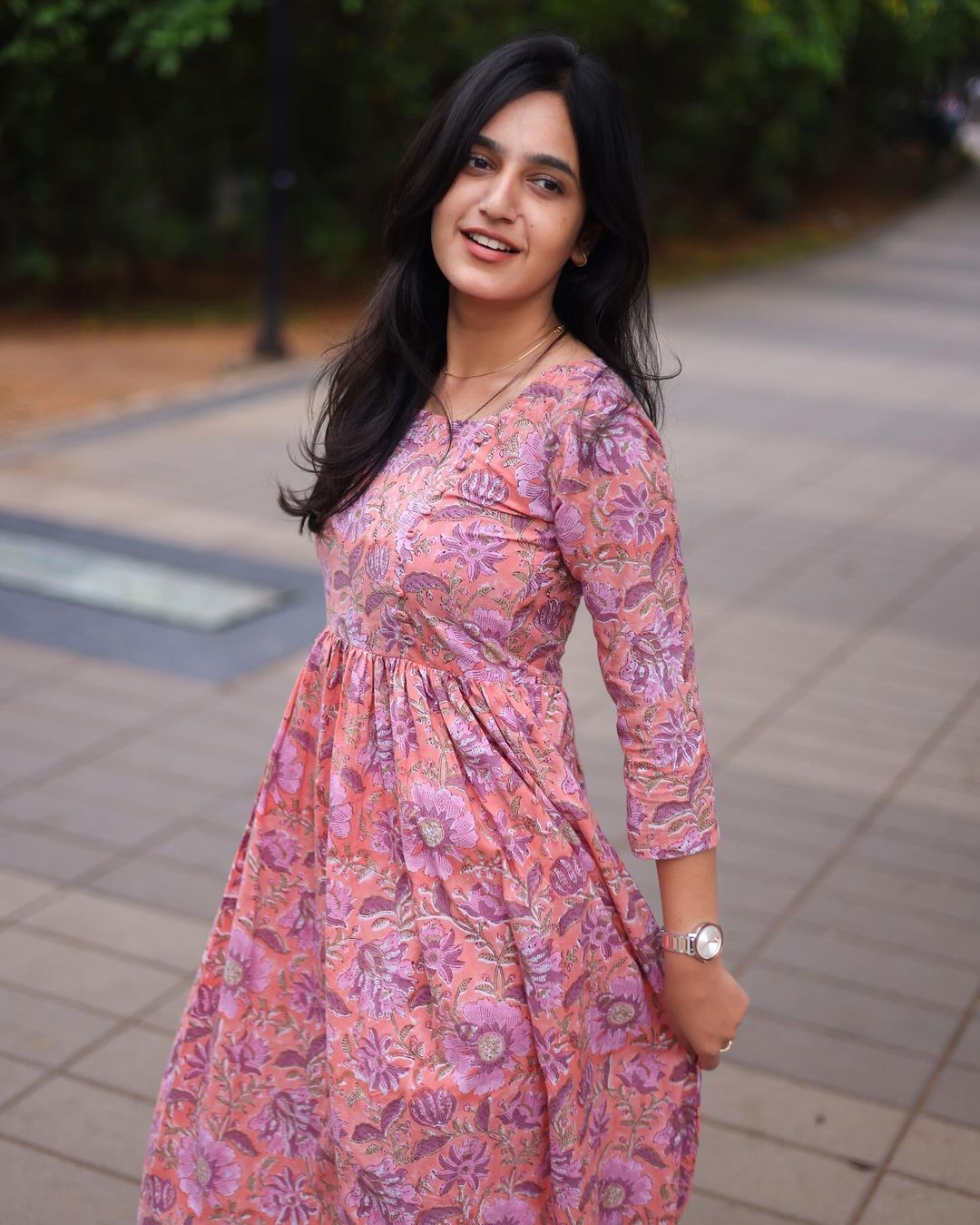 Peach Floral Long Gown with yoke - Studio Thari