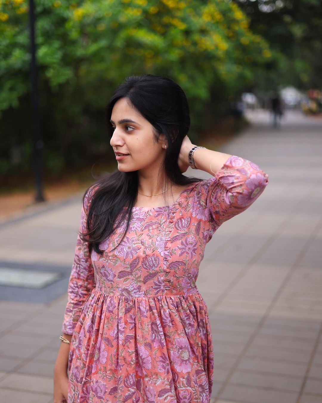 Peach Floral Long Gown with yoke - Studio Thari