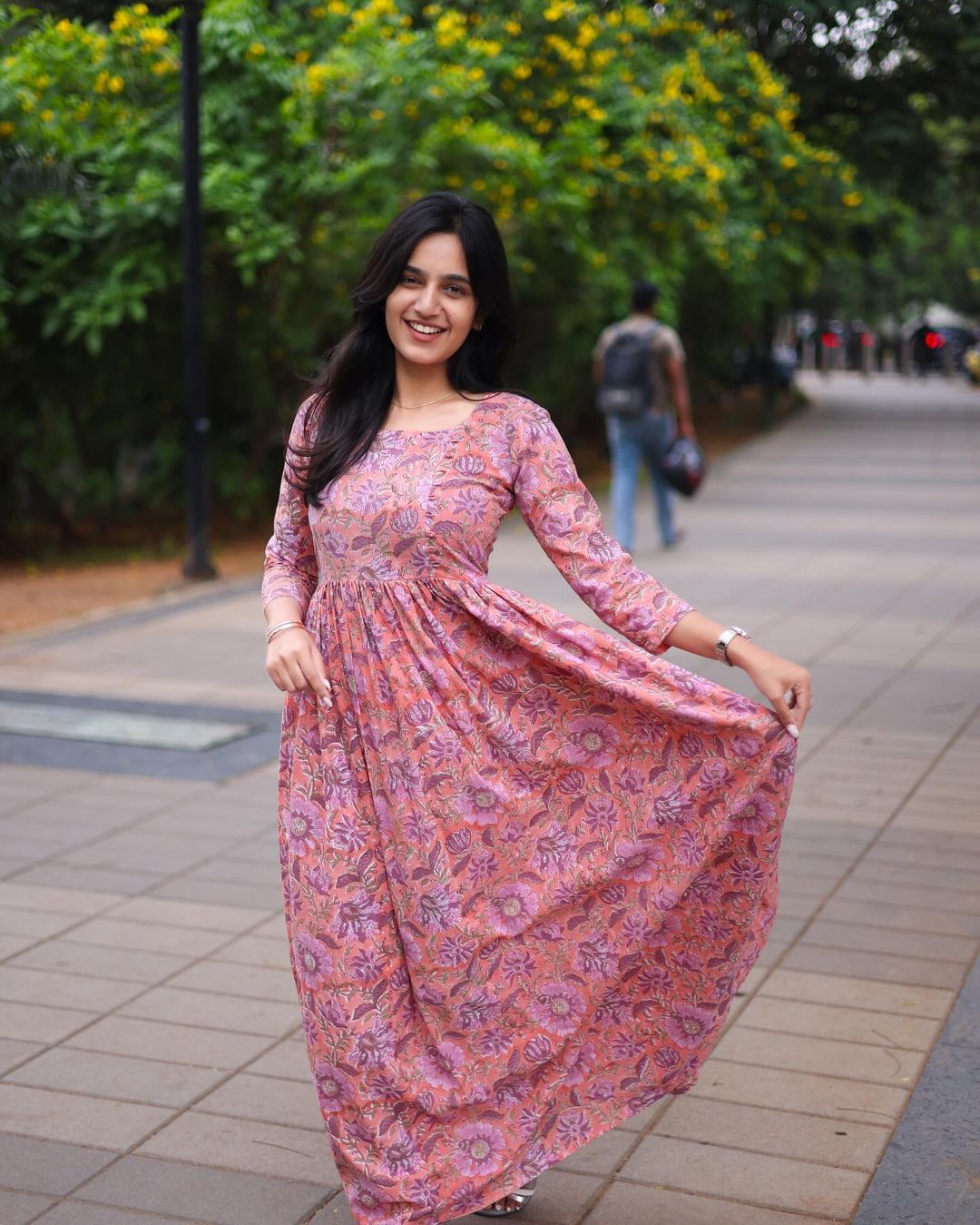 Peach Floral Long Gown with yoke - Studio Thari