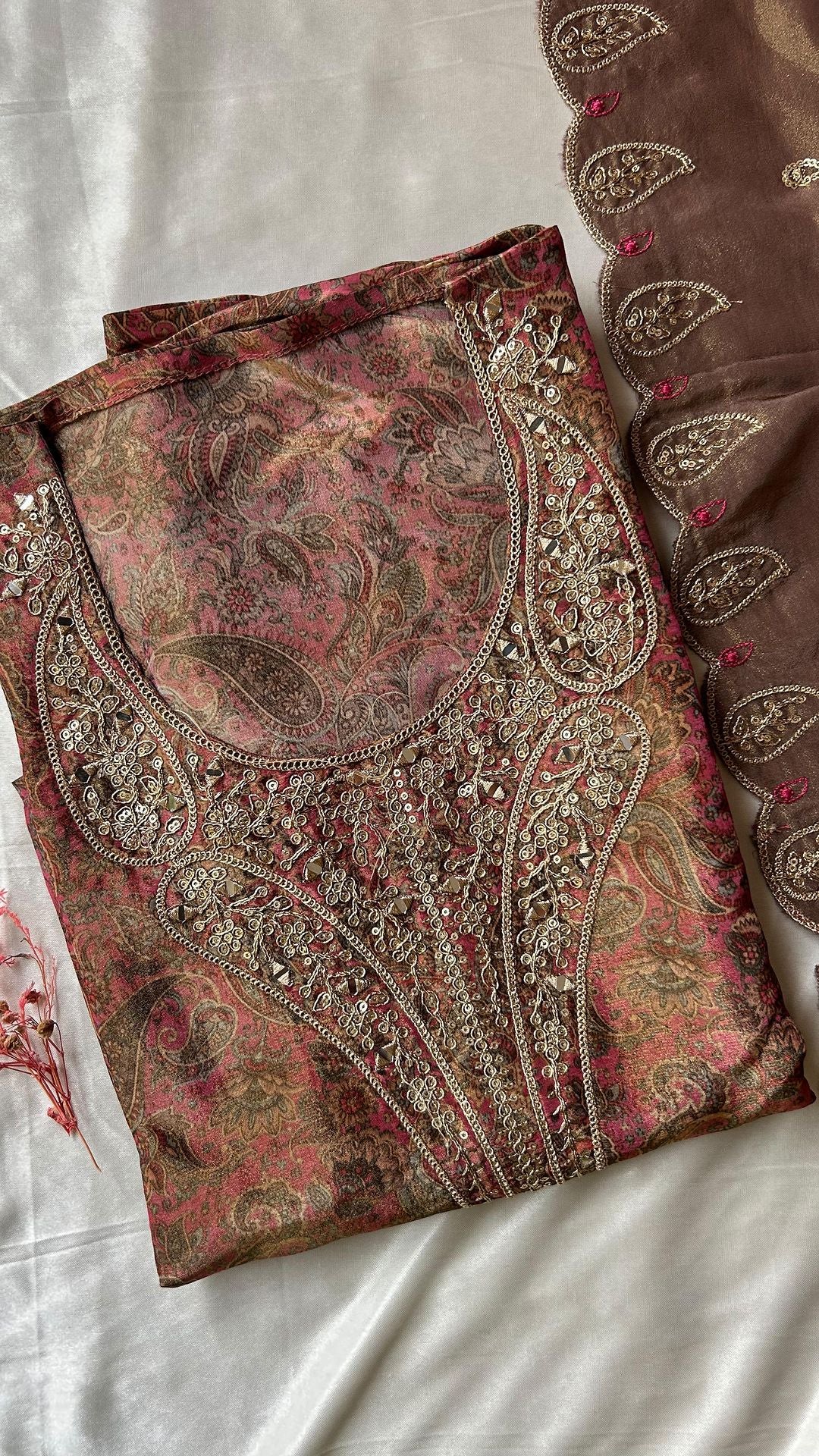 Tissue semi stitched top with detailed embroidered neckline pant - shantoon unstitched fabric Organza duppata with lace border - Studio Thari