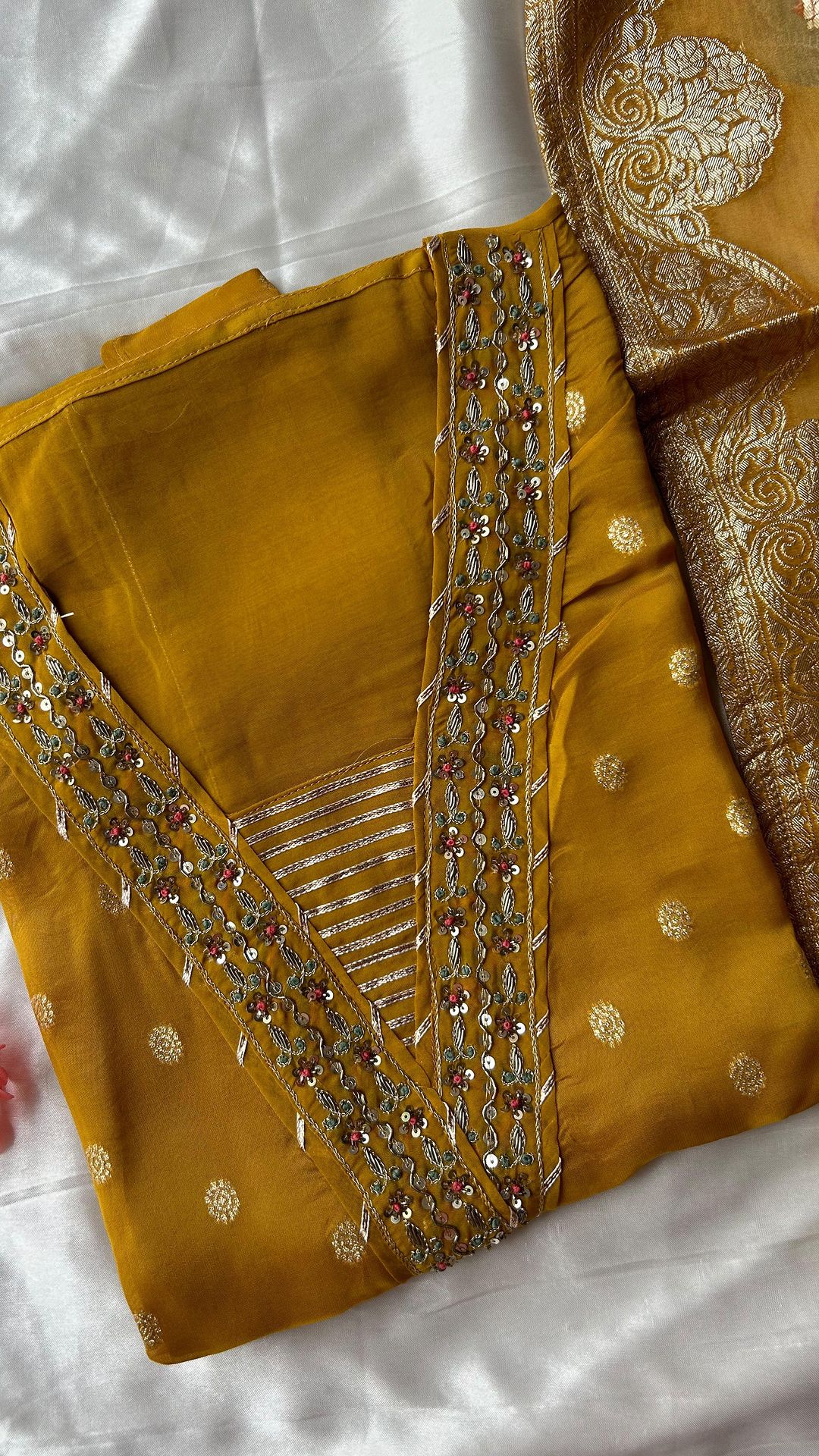 Organza top with embroidered neckline musturd - Studio Thari