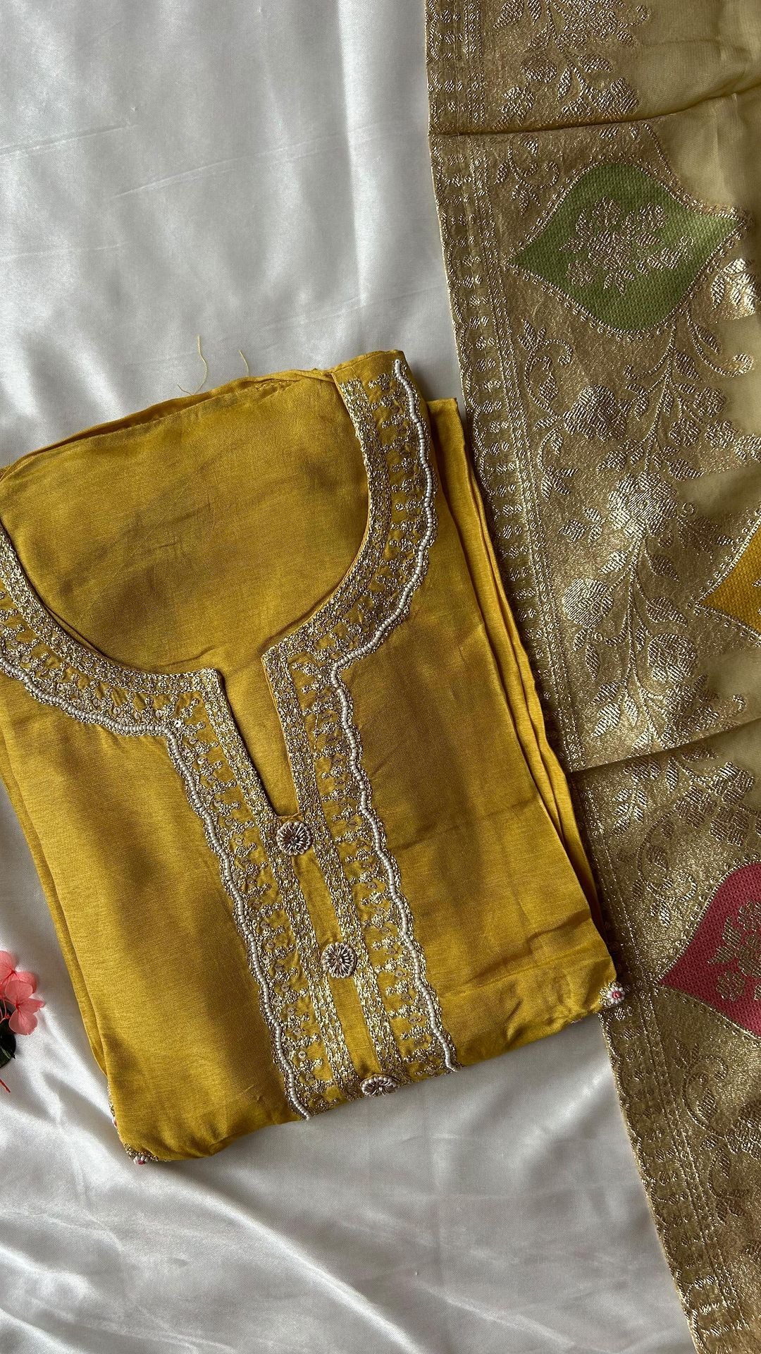 Muslin semi stitched top with detailed embroidered neckline pant - shantoon unstitched fabric Organza dupatta with border - Studio Thari