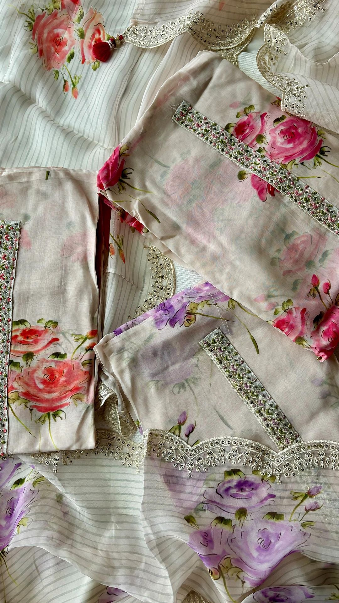 Pink Pure floral printed organza unstitched suit, pant - unstitched shantoon material  Organza duppata with scalloped edges - Studio Thari