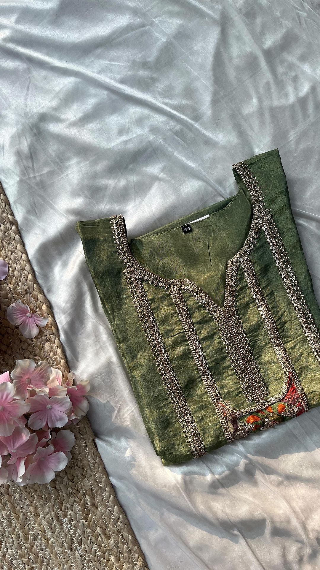 Tissue Kurta Set with detailed embroidered neckline  Shatoon straight stitched pant  Tissue dupatta with scalloped lace border