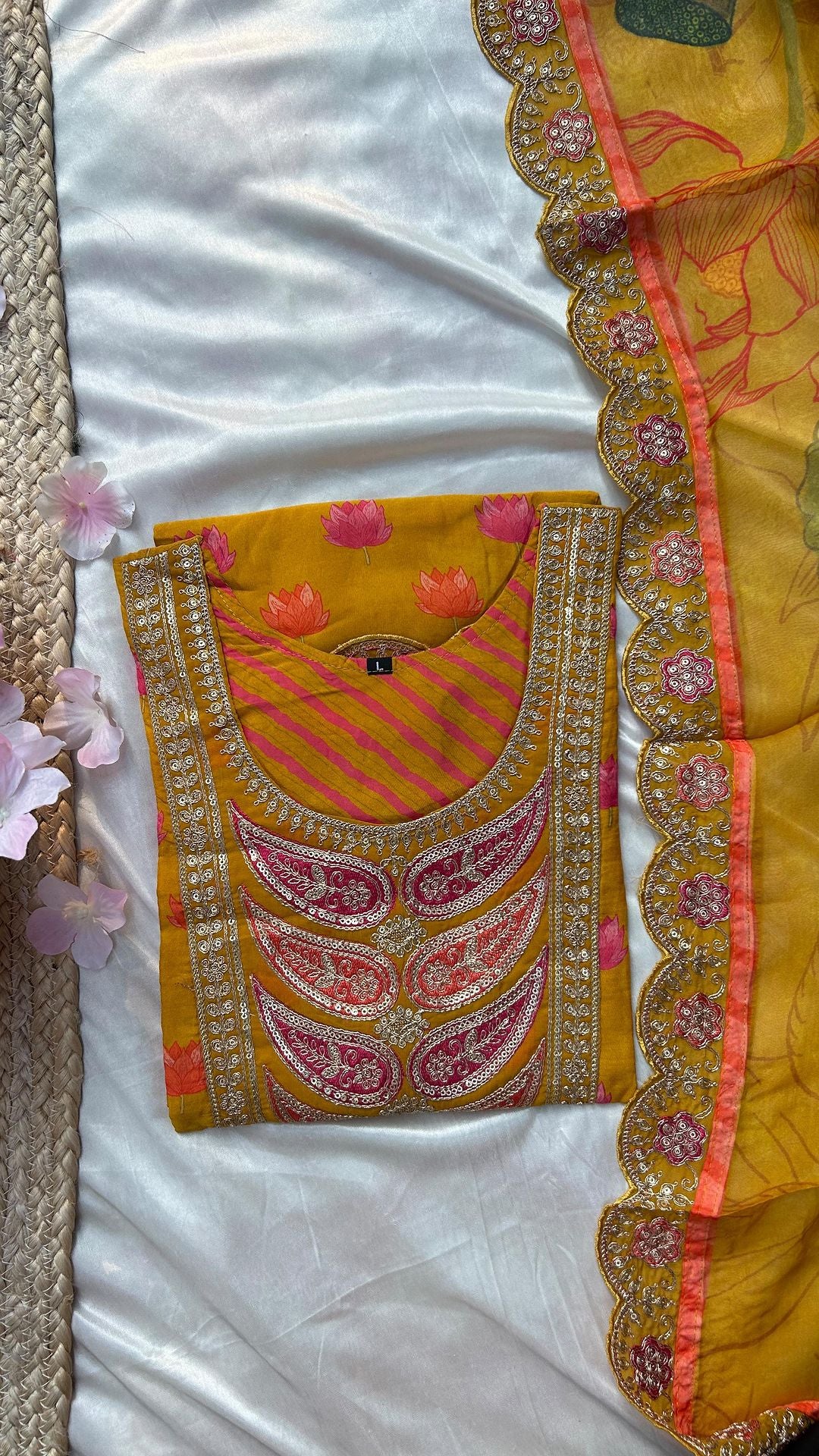 Organza Kurta Set with detailed embroidered neckline  Shatoon straight stitched pant  Organza dupatta with scalloped lace border