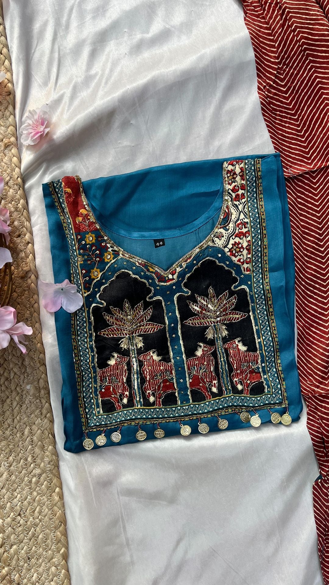 Muslin Kurta Set with detailed embroidered neckline  Shatoon straight stitched pant  Organza dupatta with scalloped lace border