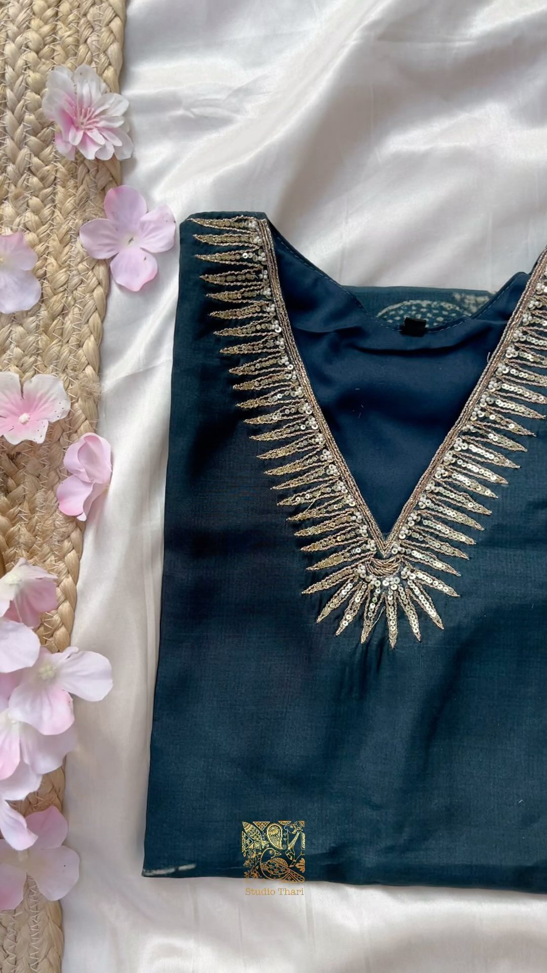 Uppada silk Kurta Set with detailed embroidered neckline  Shatoon straight stitched pant  Chiffon dupatta with scalloped lace border