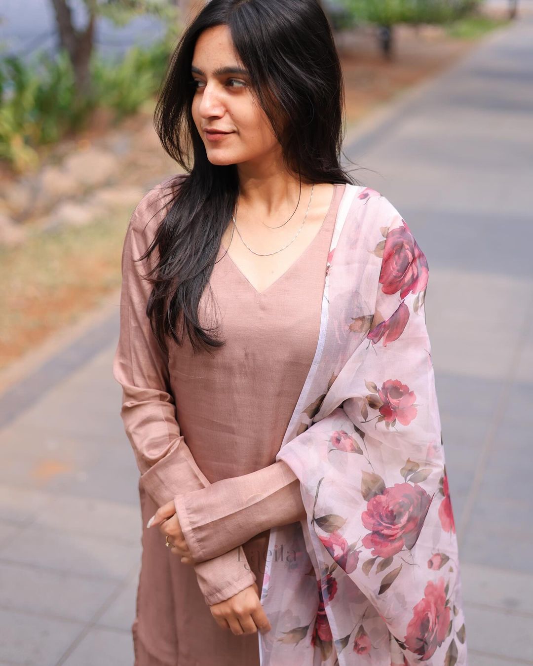 Brown Semi silk top with organza shawl - Studio Thari