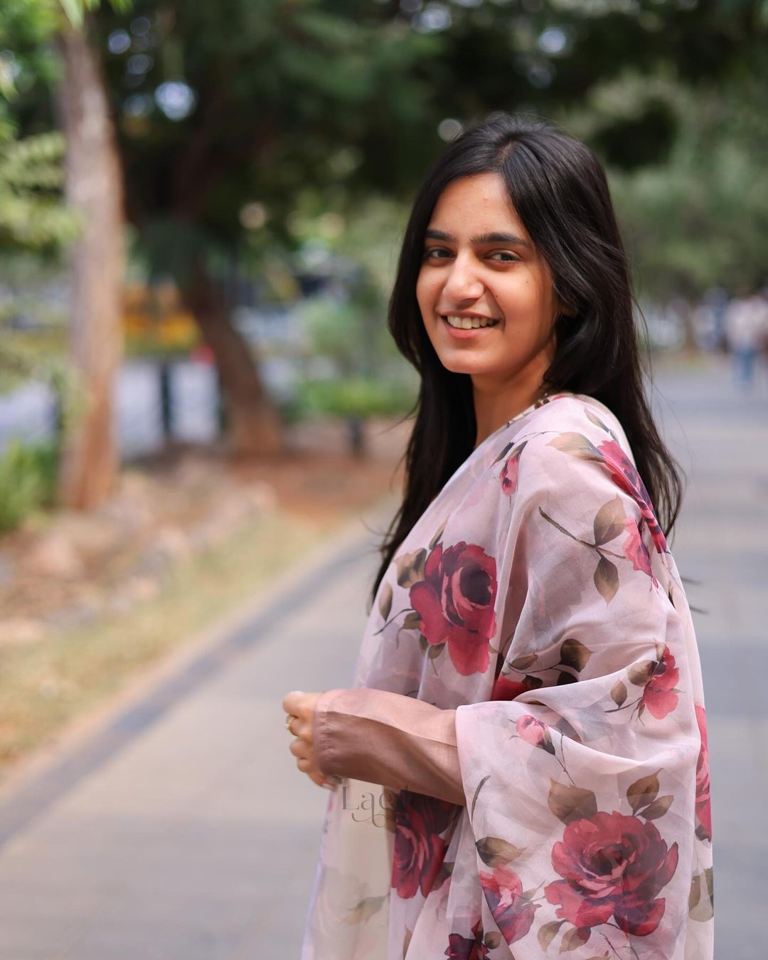 Brown Semi silk top with organza shawl - Studio Thari