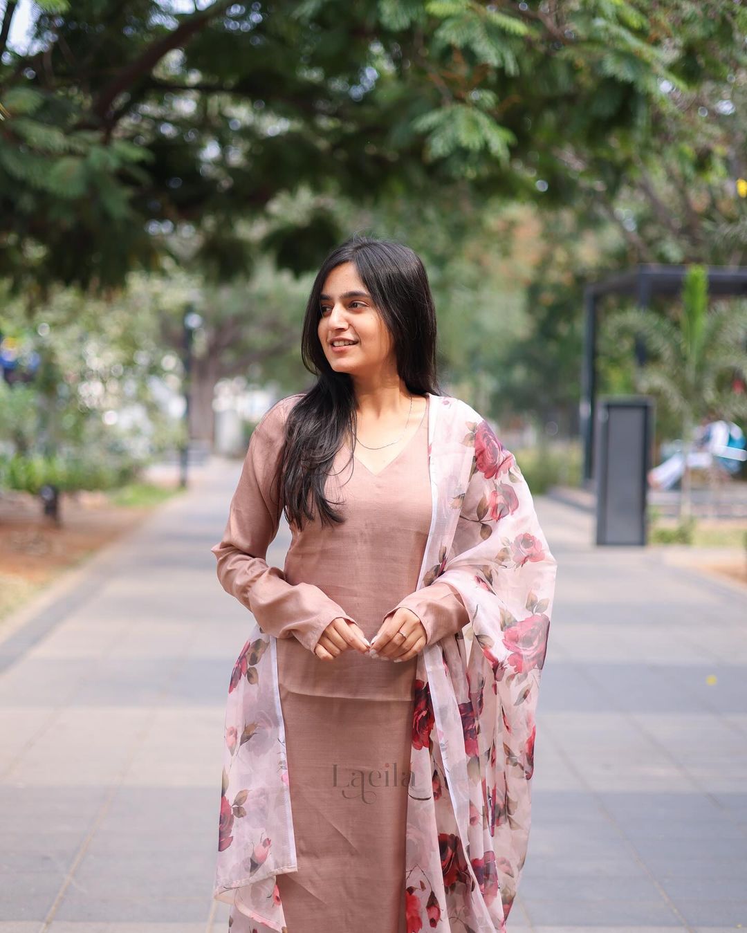 Brown Semi silk top with organza shawl - Studio Thari
