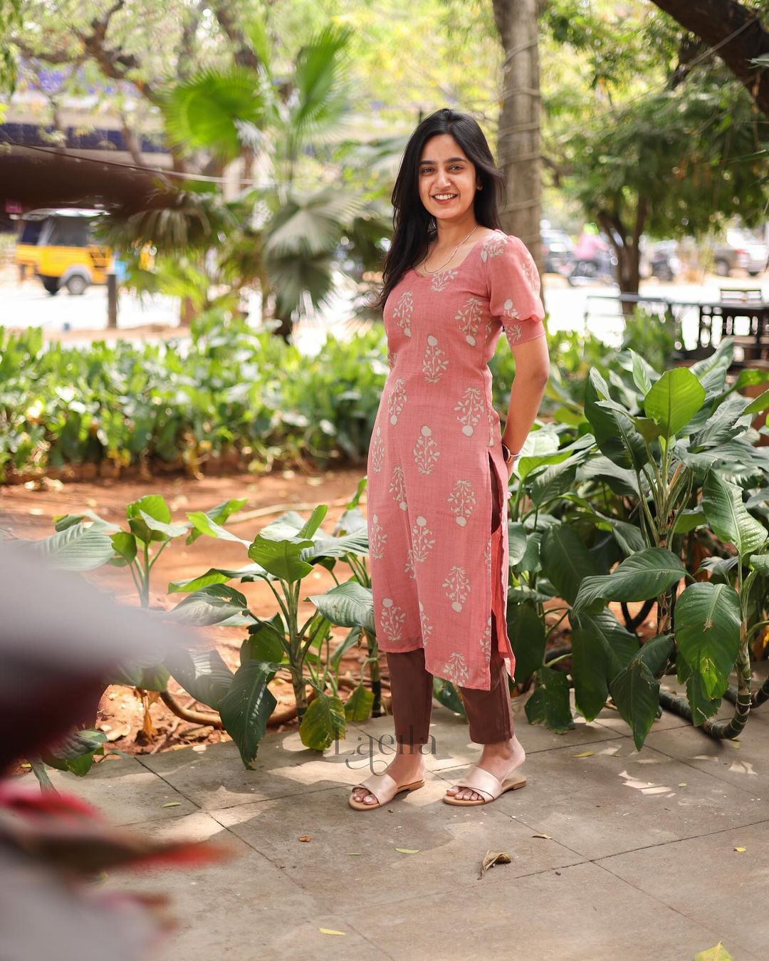 Peach floral georgette top with puff sleeves