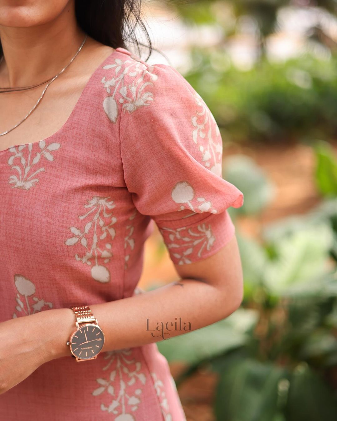 Peach floral georgette top with puff sleeves