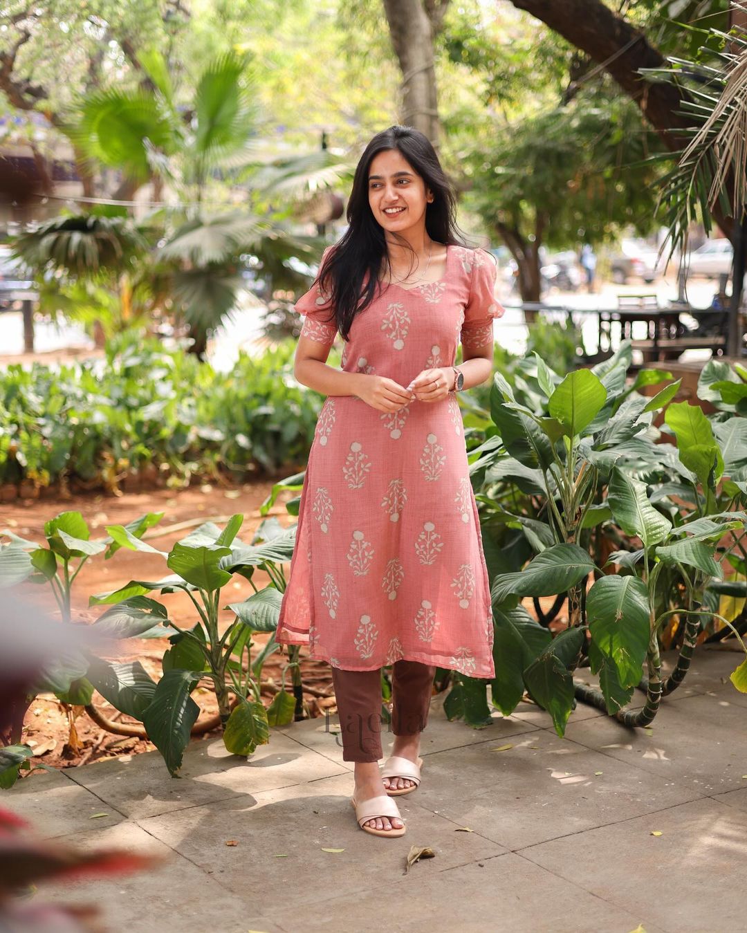 Peach floral georgette top with puff sleeves