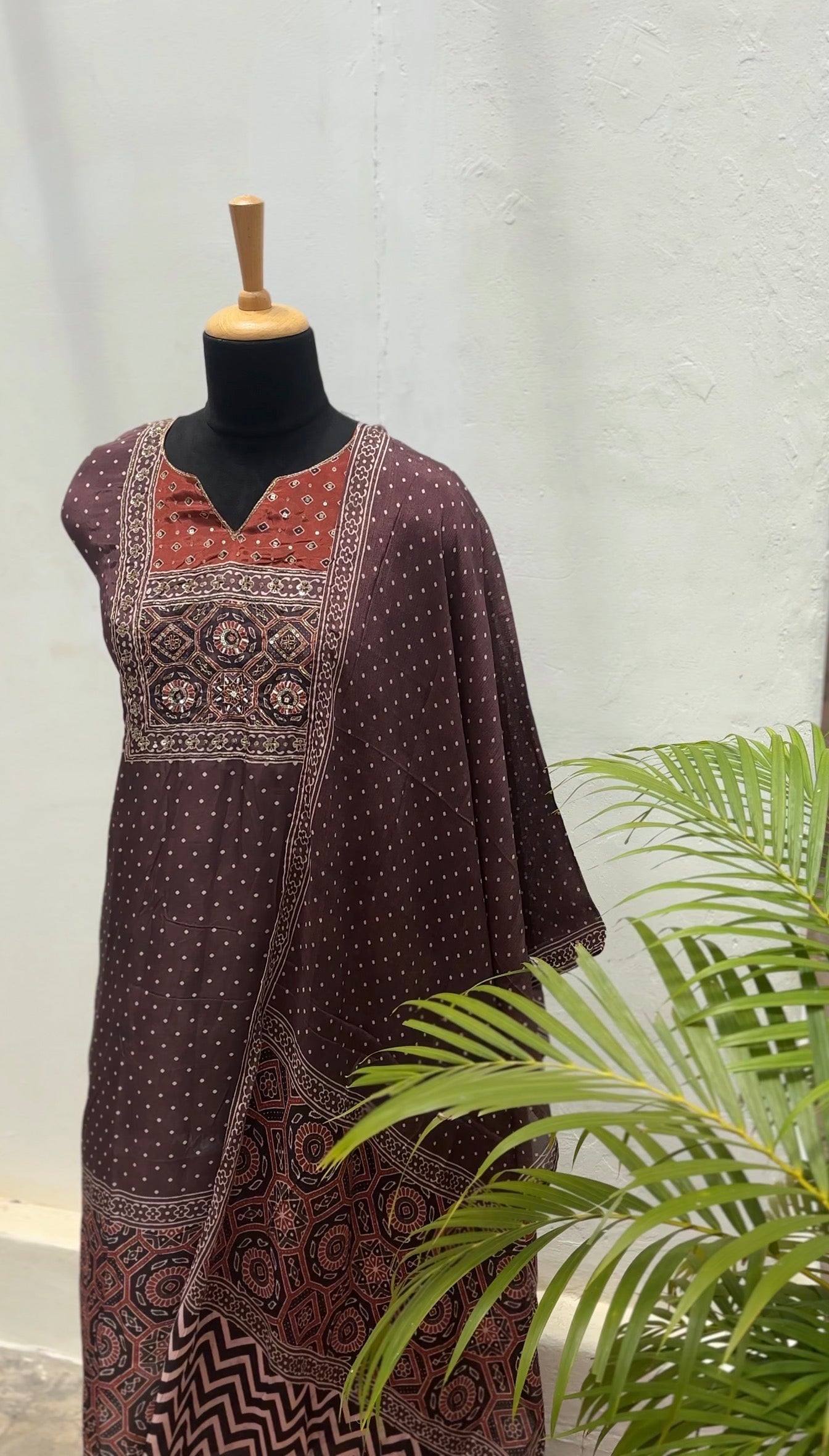 Brown polka dot semi stitched salwar suit
