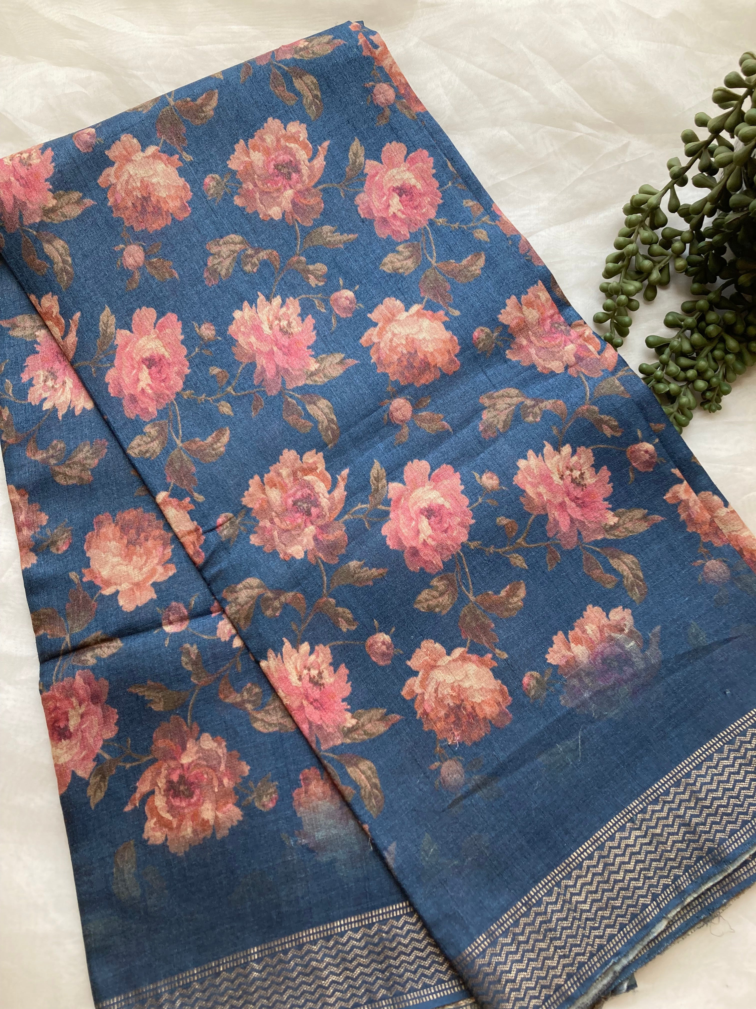 Navy blue floral Tussar saree