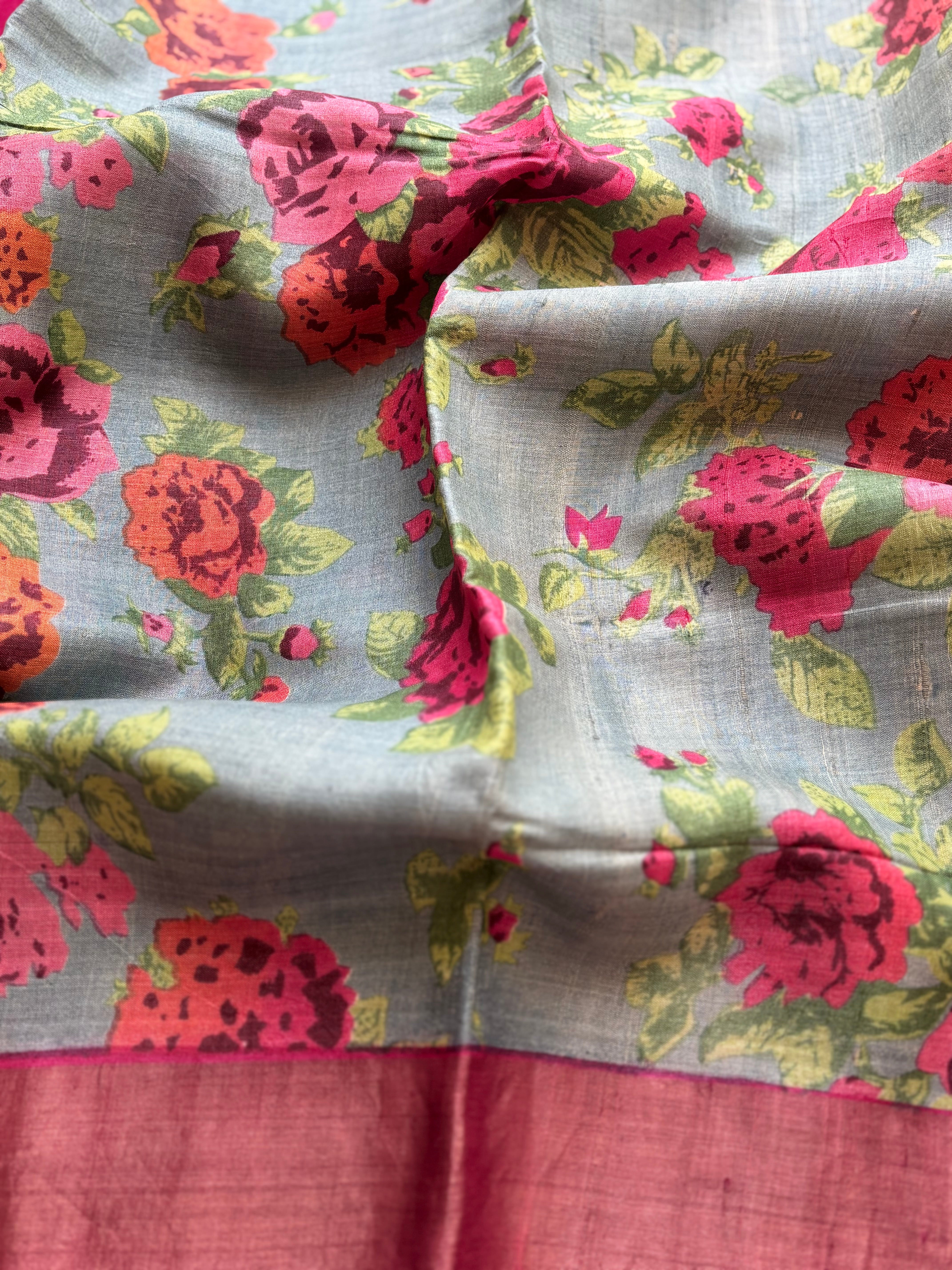 Grey pink floral tussar saree